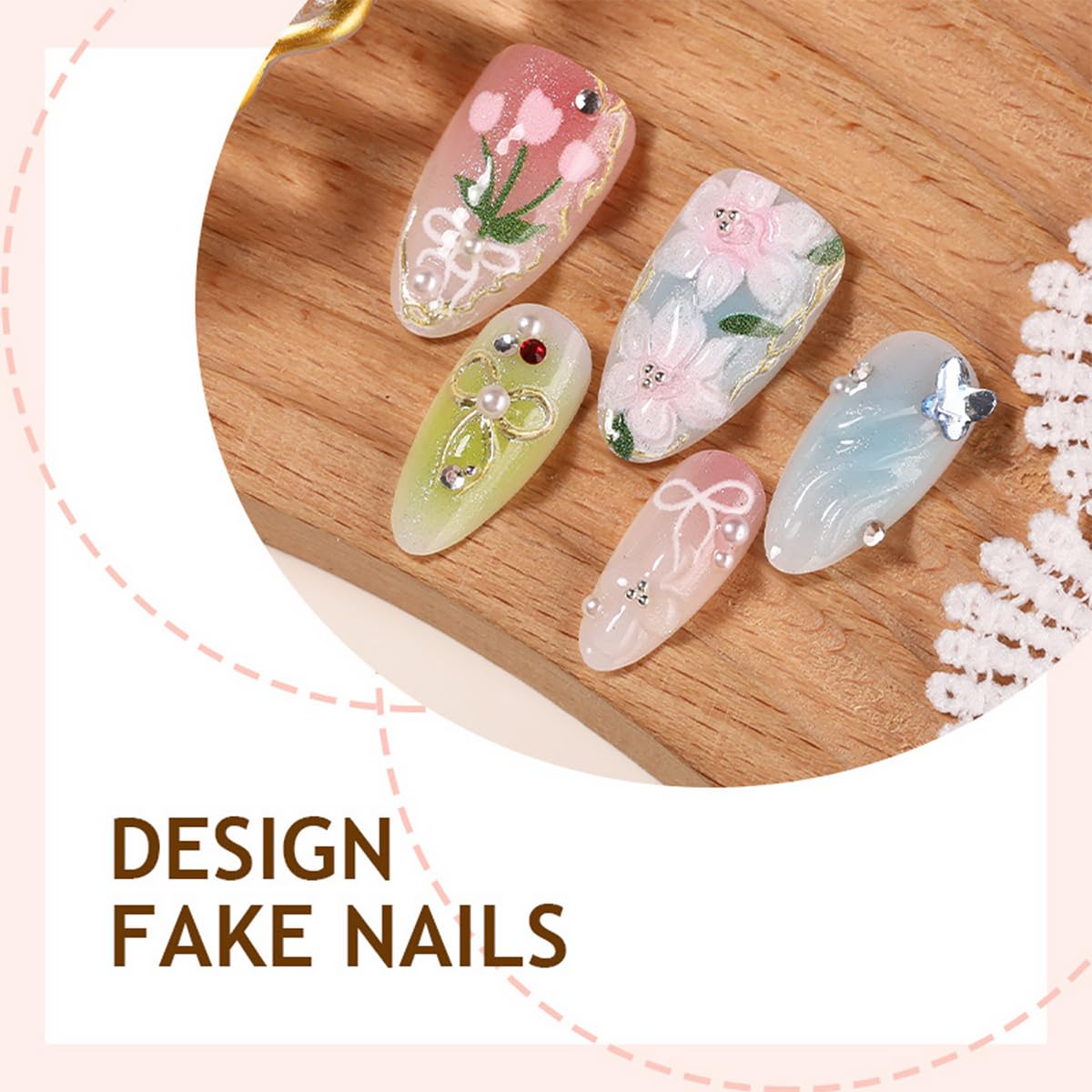 30Pcs Spring Flower Press on Nails Medium Almond Fake Nails Silver Butterfly 3D Pearl Design Gilding Bow False Nails Full Cover Artificial Glue on Nails Cute Stick on Nails for Women Acrylic Set