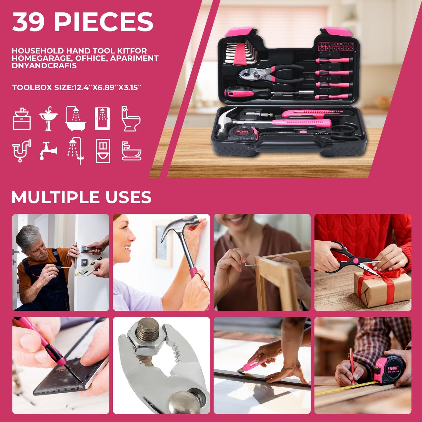 ABCY 39 Piece Basic Tool kit for Women, All Purpose Pink Tool ser Household Hand Tools with Toolbox for Home Repairs, College Dorm Essentials, DIY Crafts & Gifts