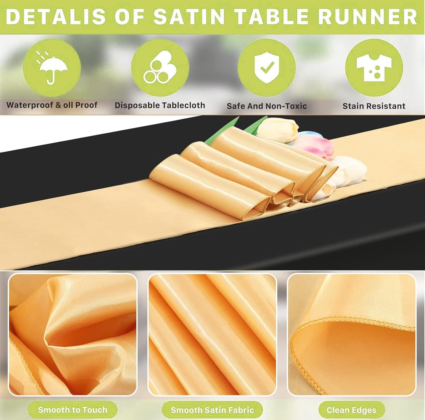 Jeffbaubl 8 Set Tablecloths and Satin Table Runner, 8 Black and Gold Dot Table Cloth 54 x 108 Inch, 8 Gold Satin Runners 11 x 108 Inch, Disposable Plastic Tablecloth for Parties Wedding Birthday