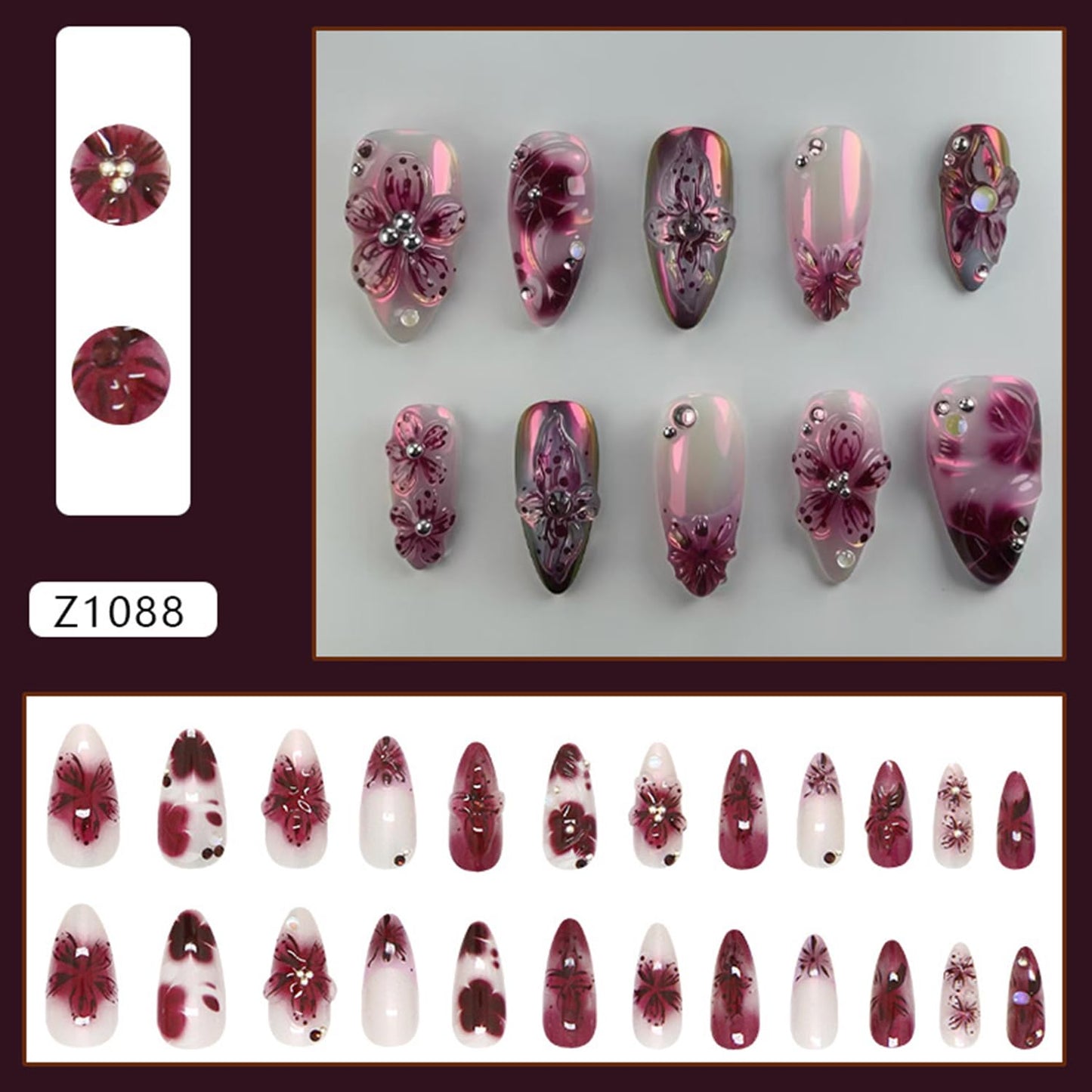 Flower Press on Nails Medium Almond Artificial Acrylic False Nails French Gradient Floral with Rhinestones Design Stick on Nail Full Cover Reusable Coffin Artificial Fingernails for Women Manicure