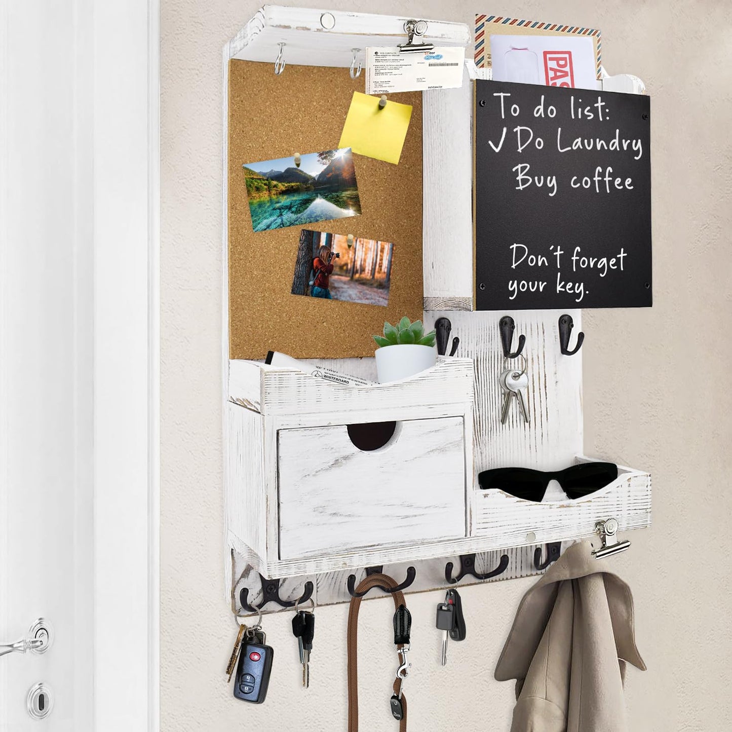 HEKOOLA Key Holder Wall Mount， Mail Organizer Key Holder for Wall with Shelf, Drawer, Chalkboard, Corkboard, Home Decor Wall Mounted for Room Entryway(Whitewashed)