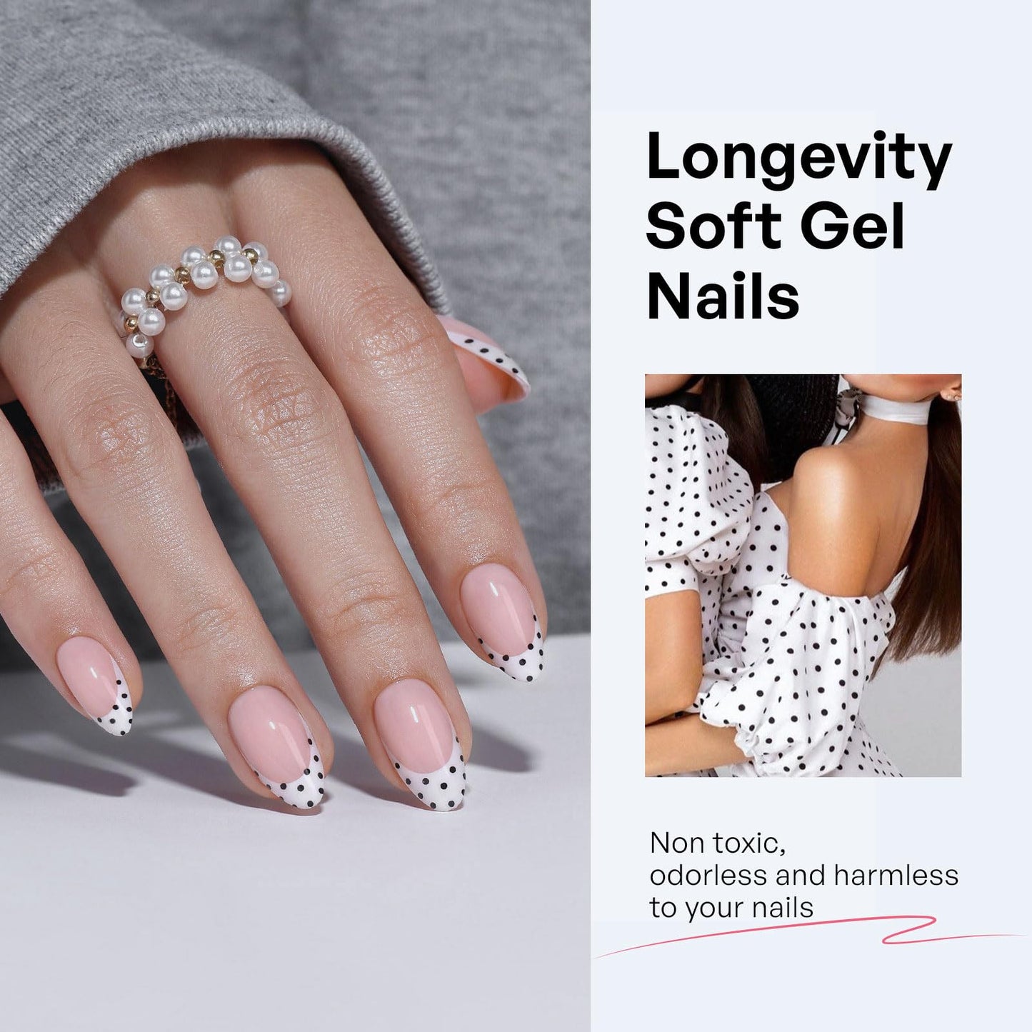 White French Tip Polka Dots Press on Nails Medium Almond - GJZEZ Soft Gel Black Dots on a Crisp White Base Fake Nails for Women, Cute Natural Reusable Glue On Nail in 16 Sizes - 32PCS, Playful Dotted