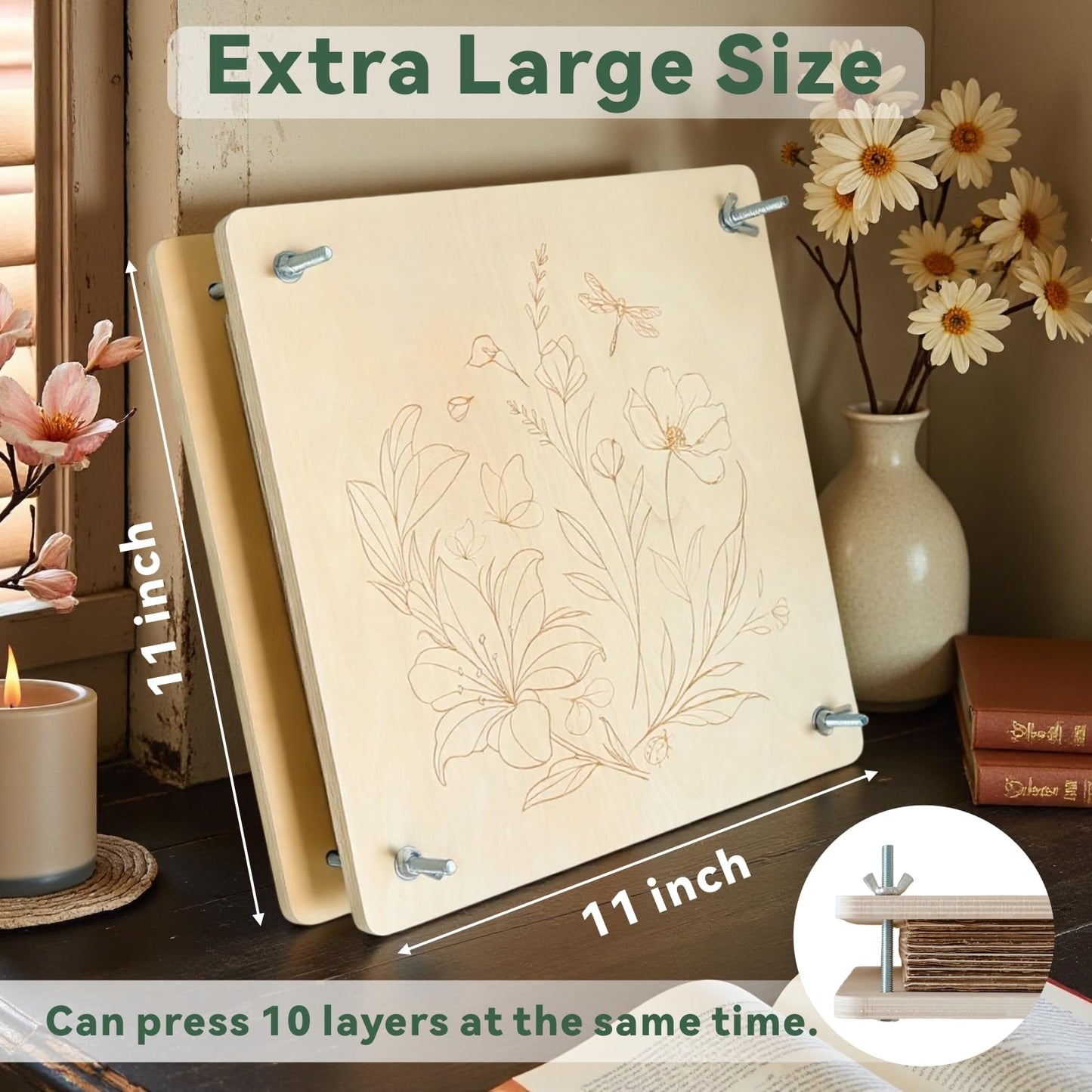 TTUGTTUG Flower Press Kit with Frames for Adults, 11" x 11" Large Wooden 10-Layer Press for DIY Floral Art, Wedding Flower Drying, Great Gift for DIY Flowers Lovers