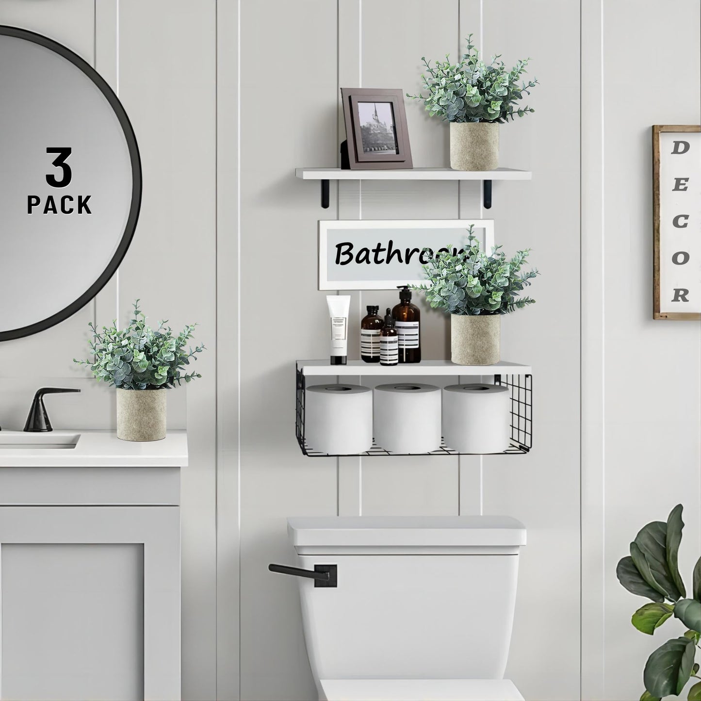 MIXROSE 3 Pack Eucalyptus Fake Plants in Pot, Artificial Plants Indoor Greenery Small Faux Plants for Bathroom Shelf Room Desk Home Office Coffee Table Farmhouse Decor