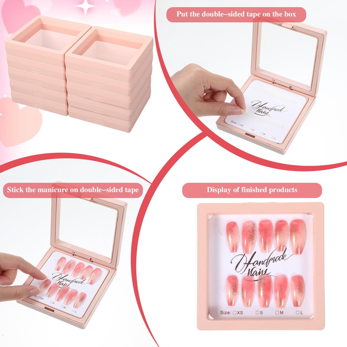 50 Pcs Press on Nail Packaging Box with 150 Adhesive Tapes, 50 Display Cards - 3D Floating Frame Acrylic Organizer Storage Case for Artificial Nails, Home Salon, Art Business (Pink)