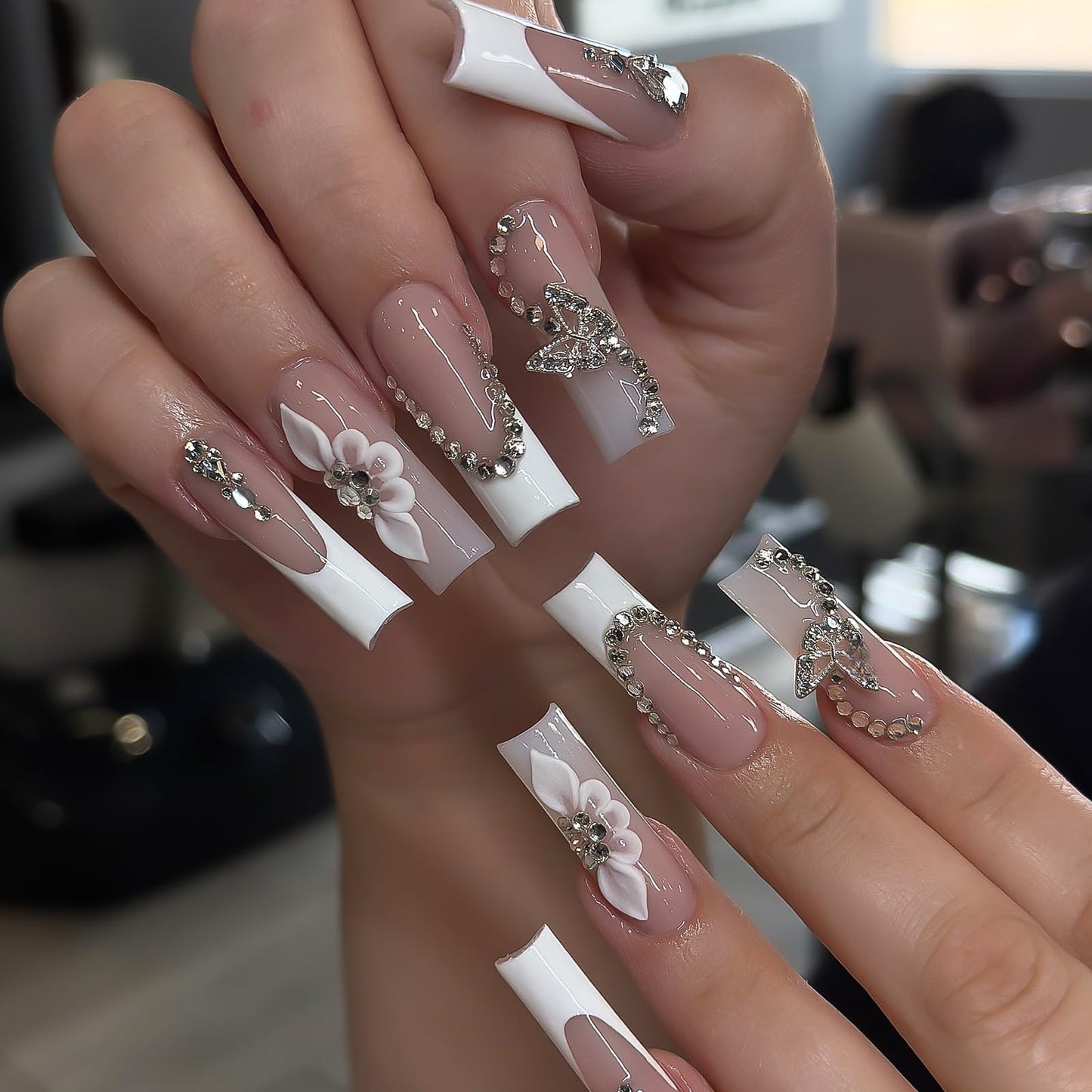 Handmade Press on Nails Long Square - Butterfly & Diamond Necklace Design Fake Nails, Luxury White French Tip False Nails with 3D Flower, 10 Pcs for Women (Size M)