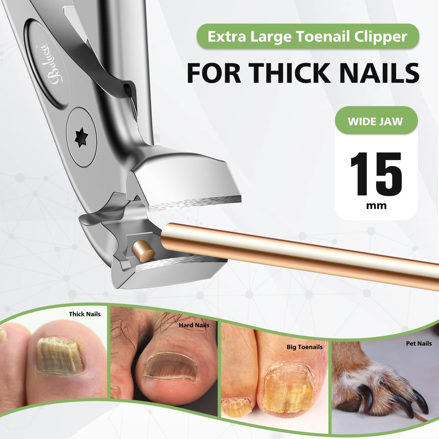 BALUCA Ergonomic Nail Clipper for Seniors - Toenail Clipper for Thick Toenails and Fingernails, Long Handle Nail Clippers with Catcher (Silver, Long Handle)