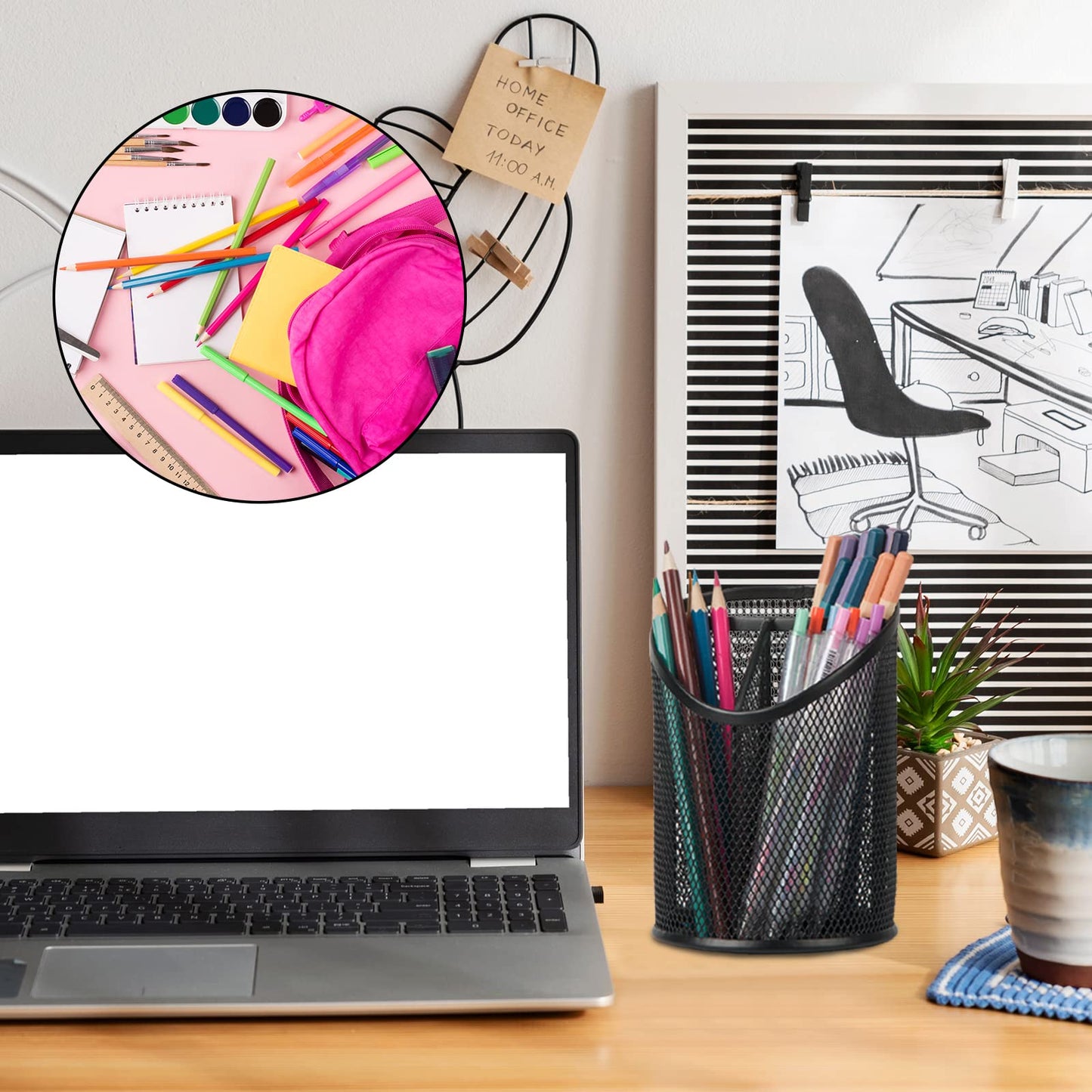 Delifox 2 Pack Pen Holder Mesh Round Pencil Holder Desktop Organizer 3 Compartments, Black