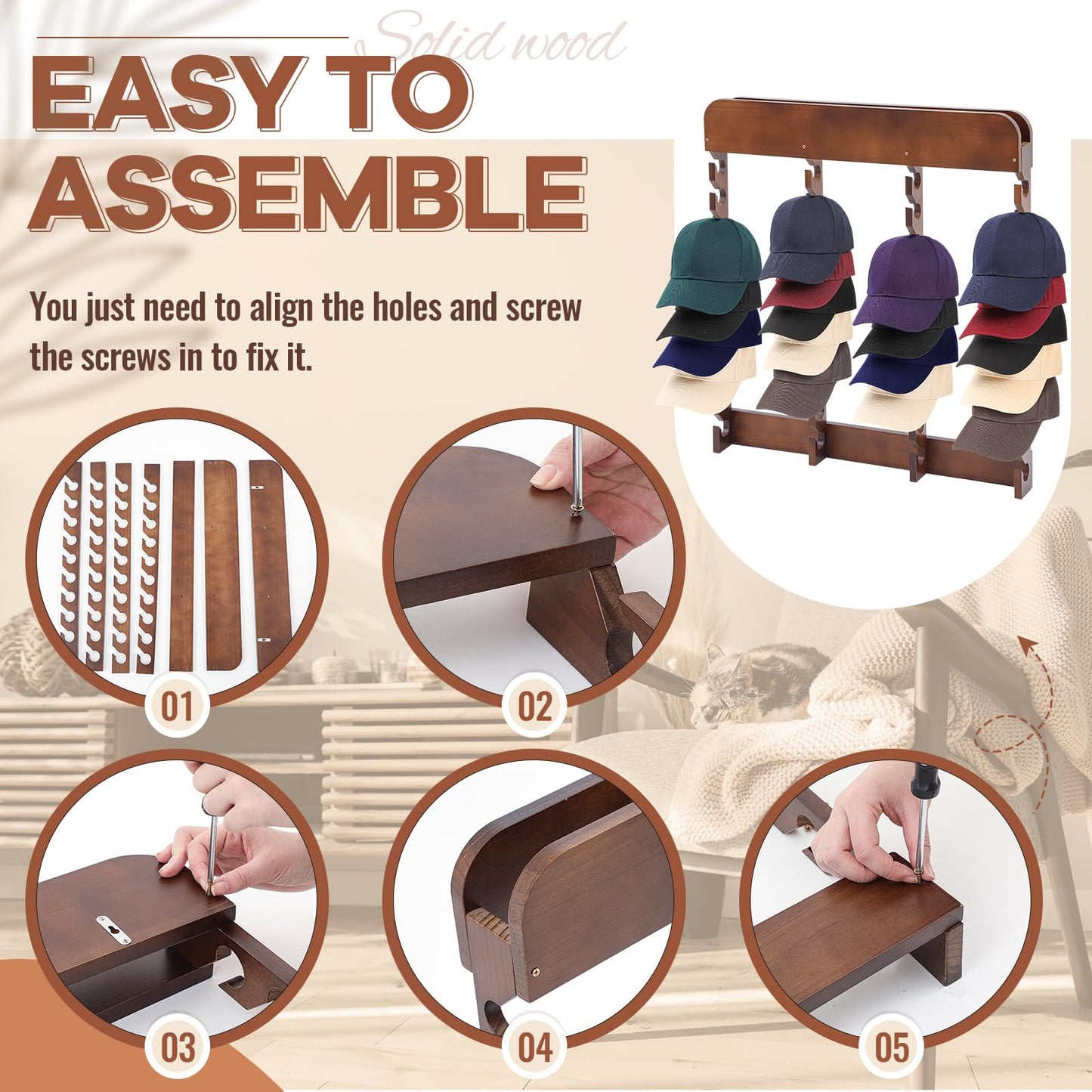 Wonderjune Wooden Hat Racks for Baseball Caps,40 Slots,Four Times,Baseball Cap Display Racks Vertical Class for Hats,Hat Organizer Wood Cap Hanger for Bedroom,Living Room,Entryway,Brown