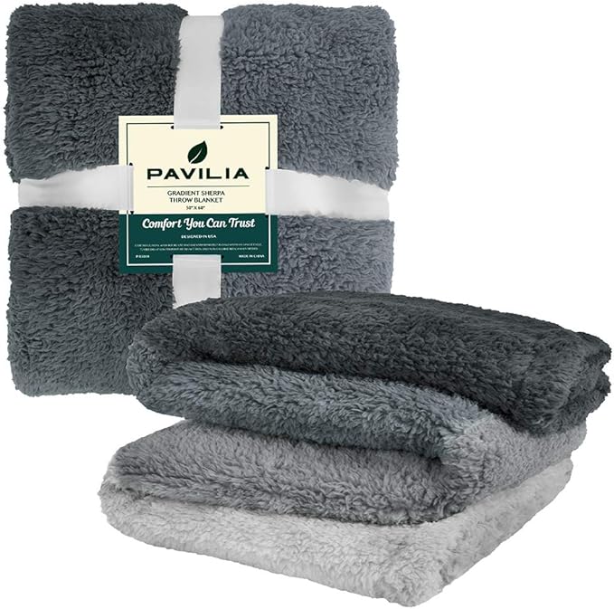 PAVILIA Fluffy Sherpa Throw Blanket Ombre | Gradient Plush, Soft, Fuzzy, Decorative Accent Throw Blanket for Couch Sofa Bed | Cozy Warm Decorative Furry Faux Fur Blanket, 50x60 Inches Gray