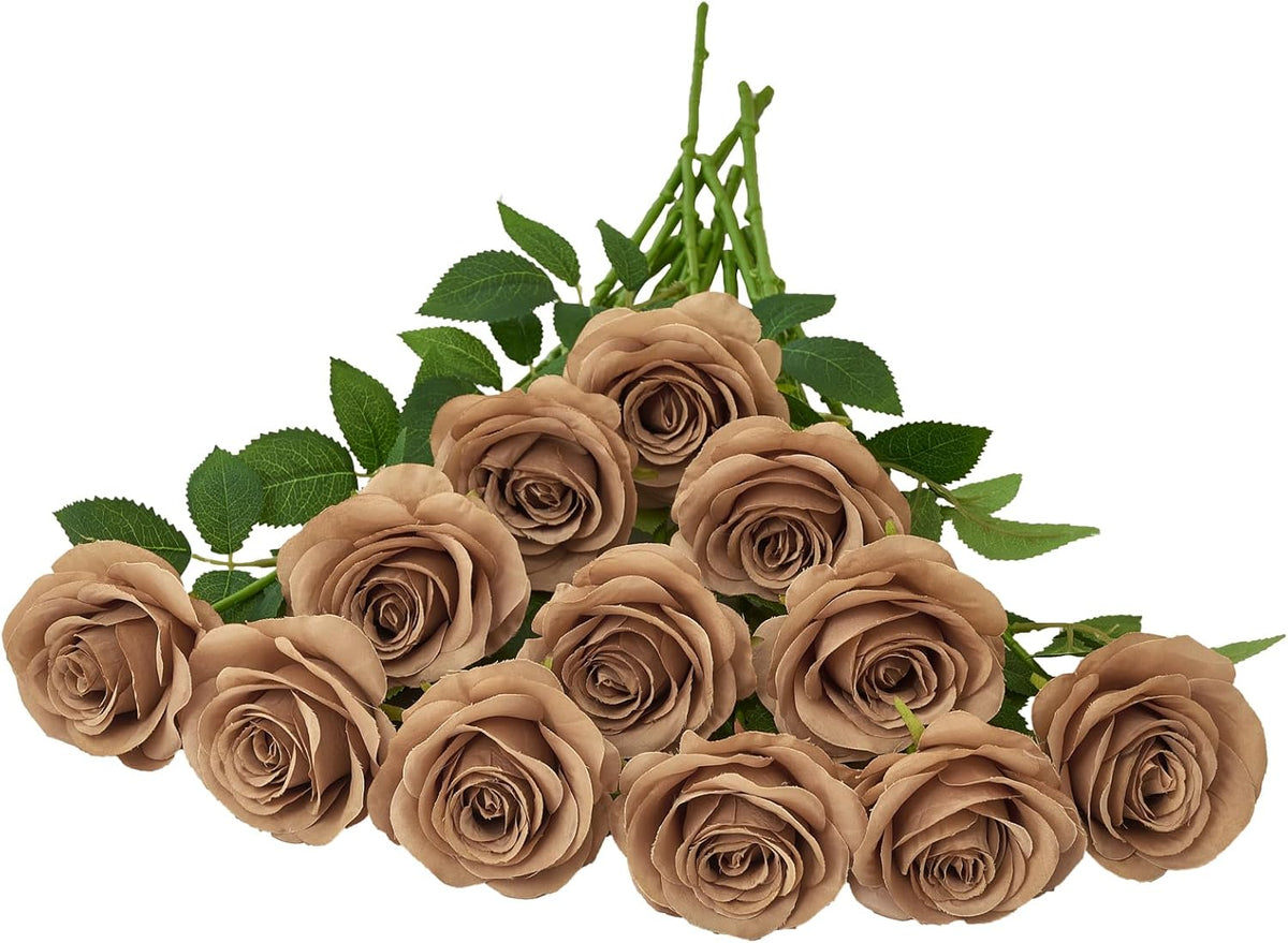 12pcs Coffee Roses Artificial Flowers Fake Roses Silk Flowers Roses with Long Stems for Wedding Home Party Centerpieces Decorations