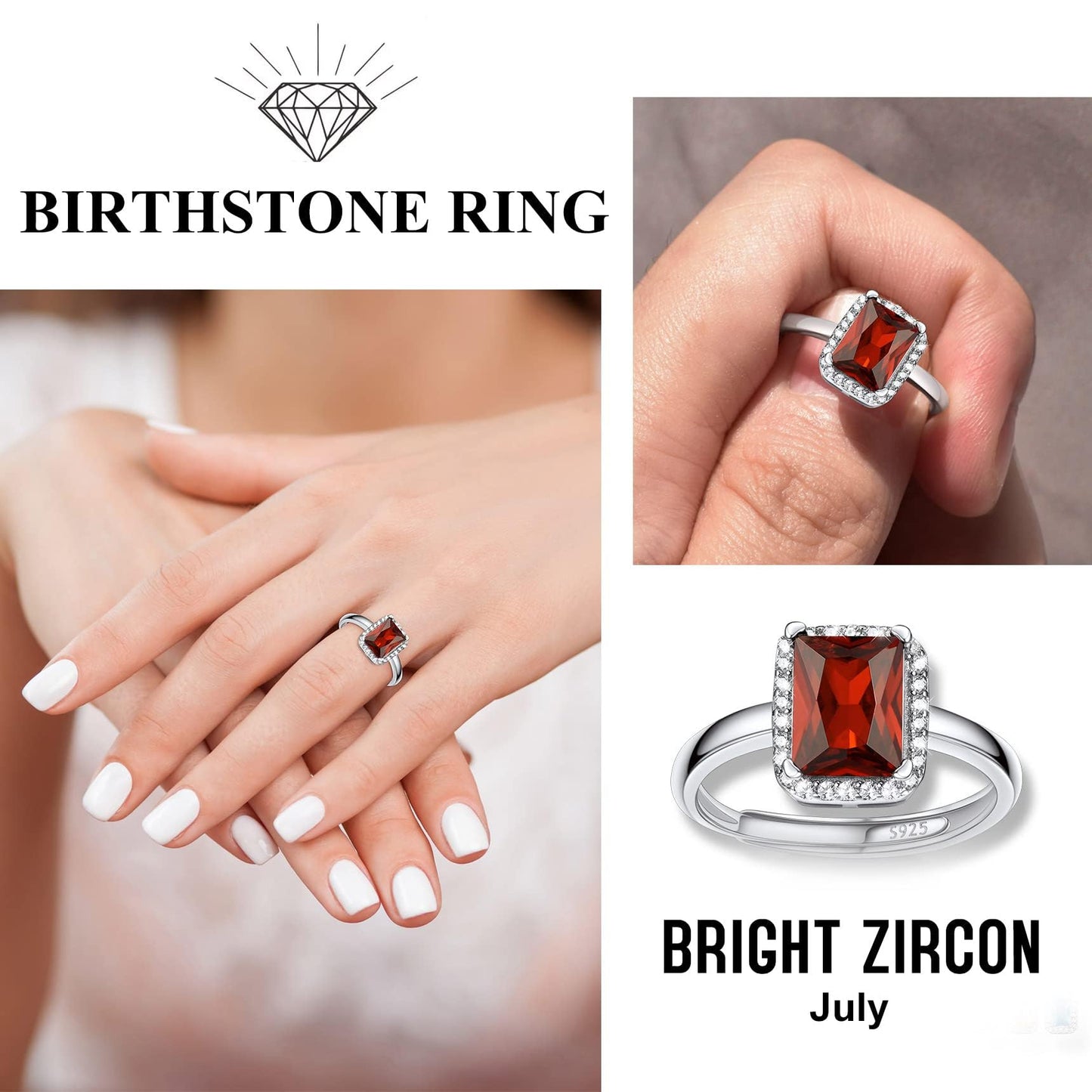 Bestyle 925 Sterling Silver Love Square Cut Gemstone Shiny Cubic Zirconia Rings, Brilliant Created July Ruby CZ Birthstone Rings for Women, Promise/Statement Ring Great Jewelry Gift