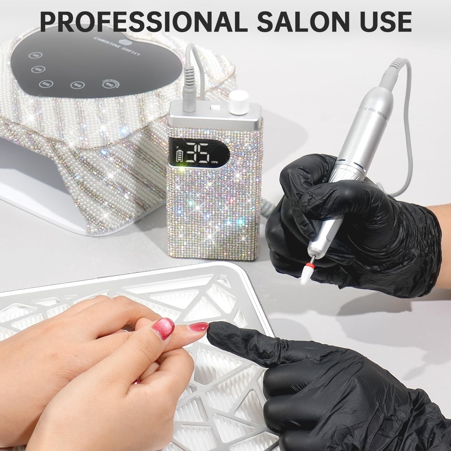 CHRISTINE SHELLY Rechargeable 35000RPM Nail Drill Sparkling Portable Professional Electric Nail File with 12 Drill Bit for Acrylic/Gel Nails Professional Nail Tools for Manicure Pedicure, Glitter