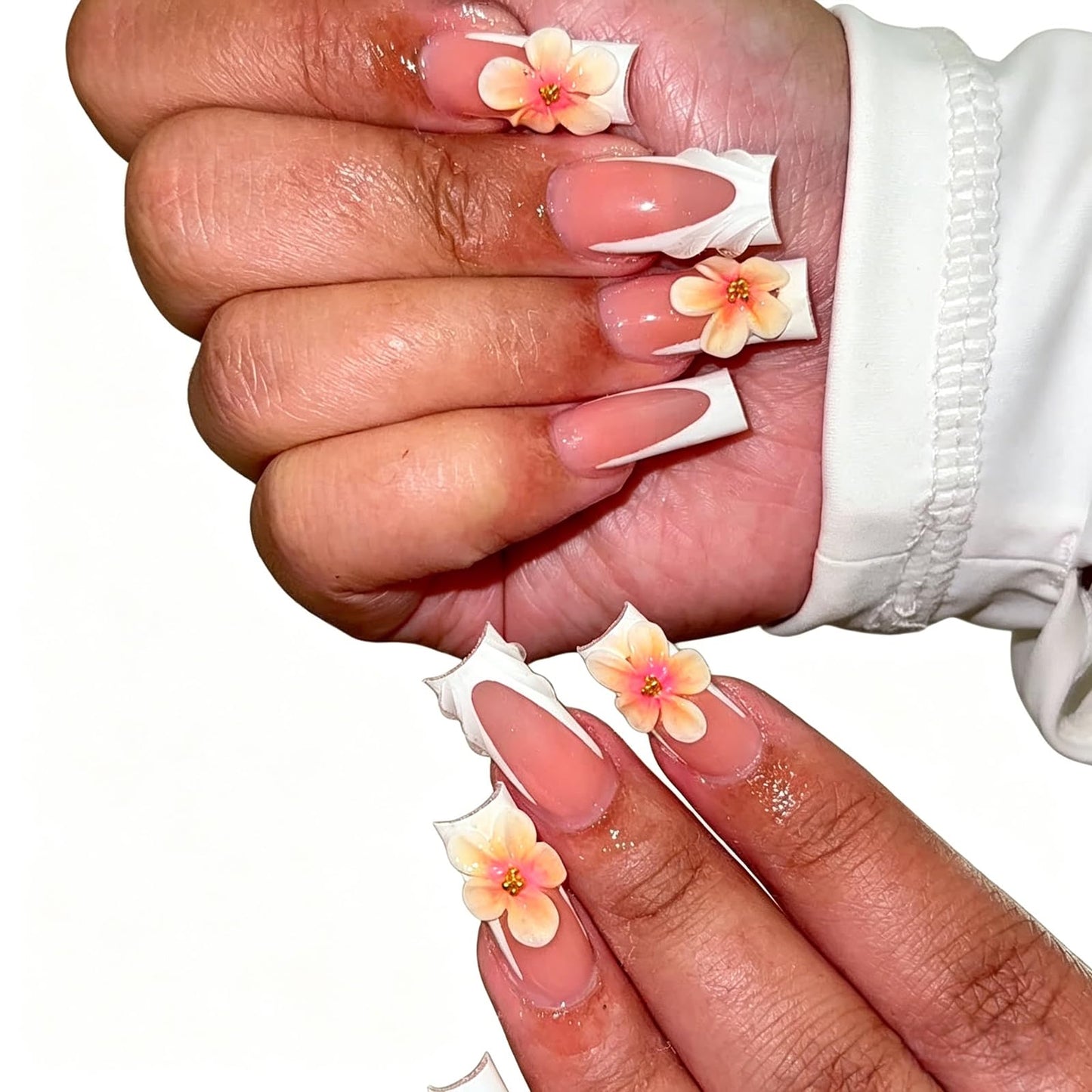 Exylixor Handmade Press on Nails Long Square - 3D Art Flower & White French Tip Fake Nails, Luxury Nude False Nails with Scalloped Wave Edge, 10 Pack for Women (Size M)