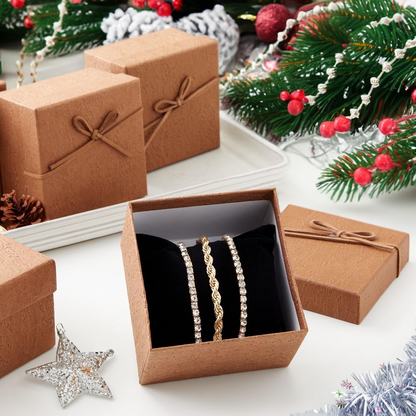 Juvale Bracelet Gift Box 6-Pack - 3.5 x 3.5 x 2.3 in, Brown Country-Rustic Cardboard - Velvet Pillow & Faux Leather Bow Lid - Tiny Jewelry Gift Boxes & Watch Packaging