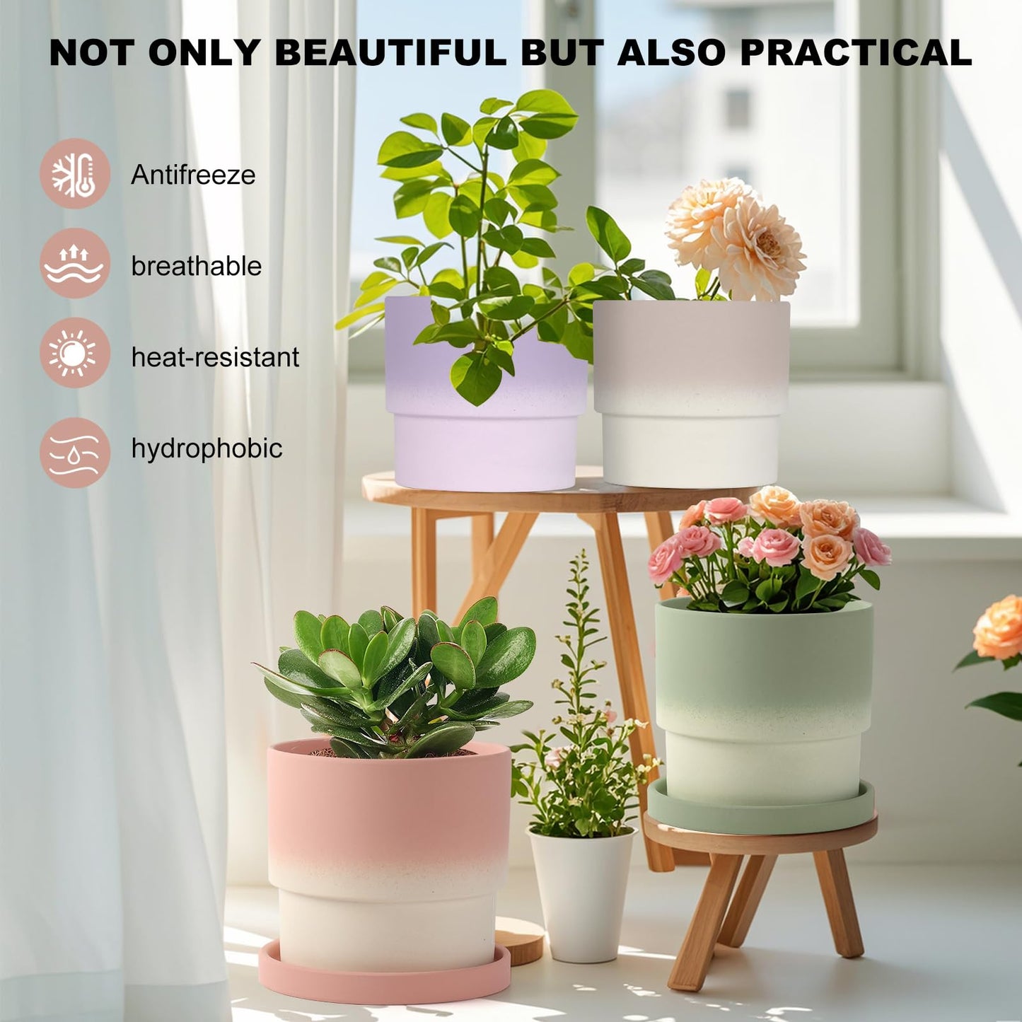 4PCS Flowerpot with Tray Ceramic Planters Small Planters for Indoor Plants Plant Pots Indoor with Drainage Small Succulent Clay Planter Pots (Green)
