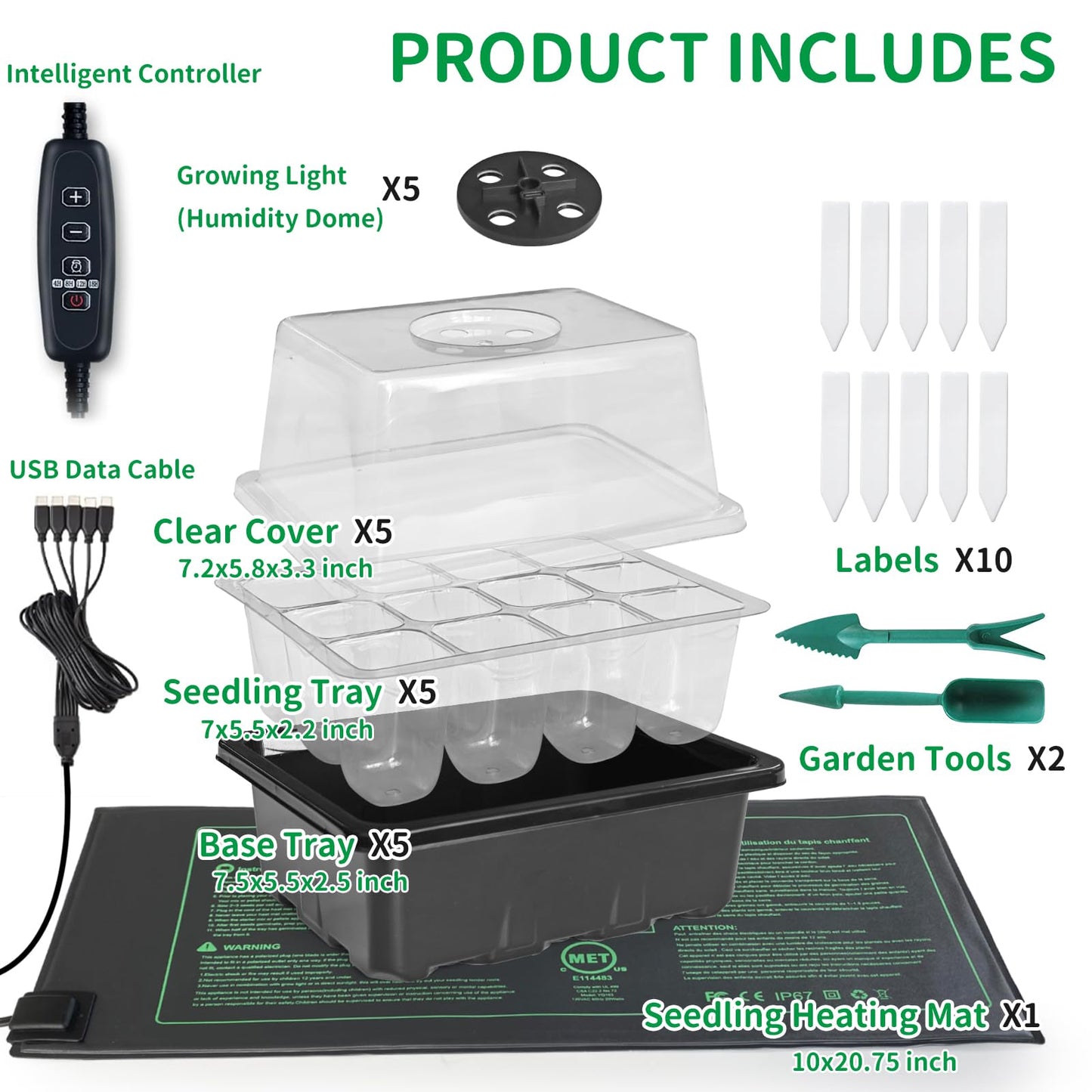 NAMOTEK 5 Pack Seed Starter Tray with Heat Mat and Grow Light Humidity Domes, 60 Cell Trays Germination Station Cloning Kit
