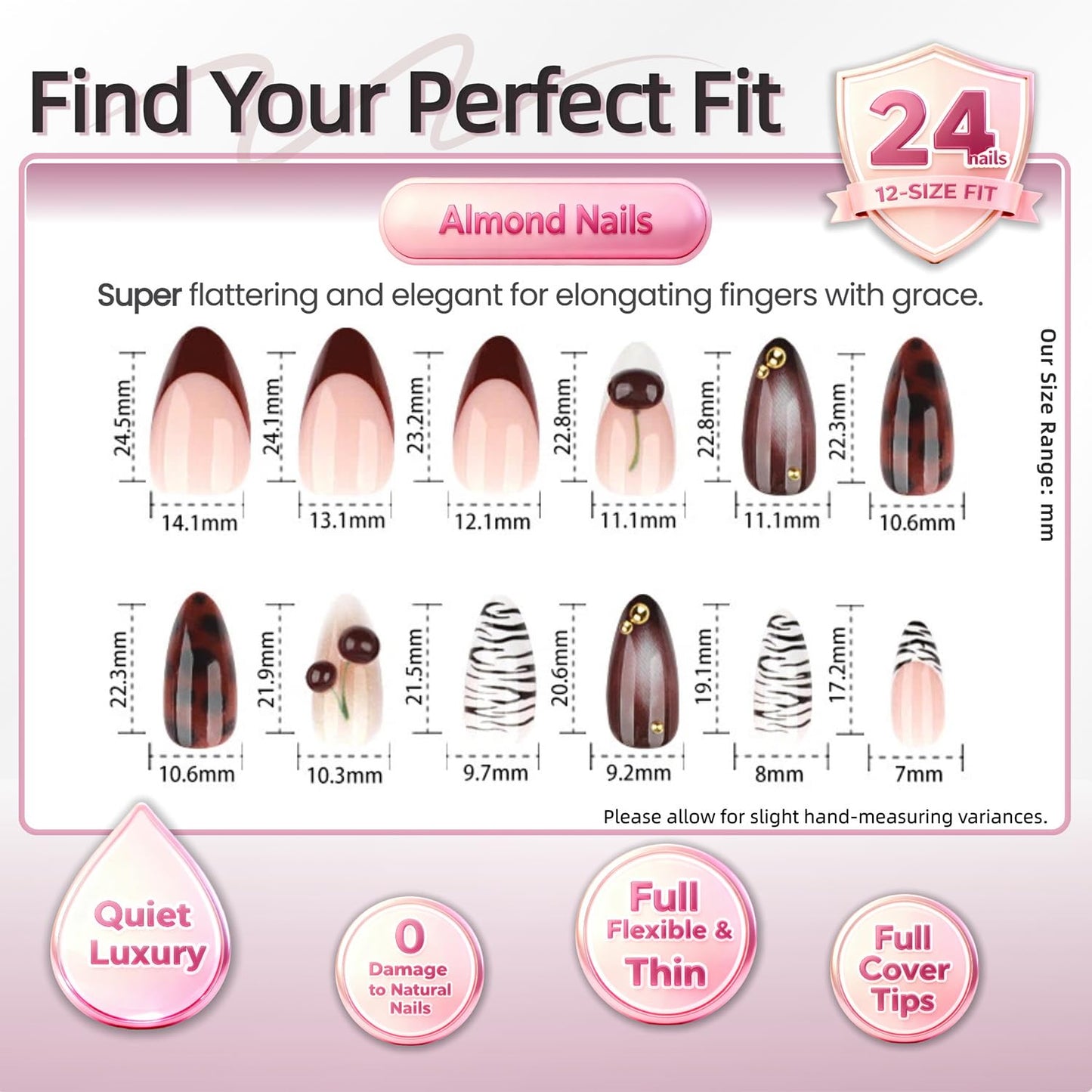 Brown Press On Nails Almond Shape, Glossy Red Gradient with Cherry, Leopard Print & Gold Studs, Luxury Handmade Look Full Cover False Nails for Women, Reusable, 24PCS