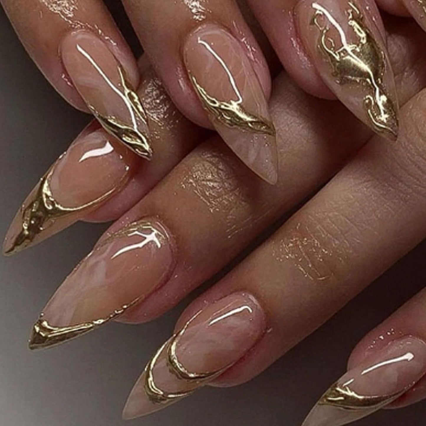 Hkanlre 3D Fake Nails Medium Tips Full Cover Almond Marble False Nude Nails Gold Press on Nails for Women 24PCS