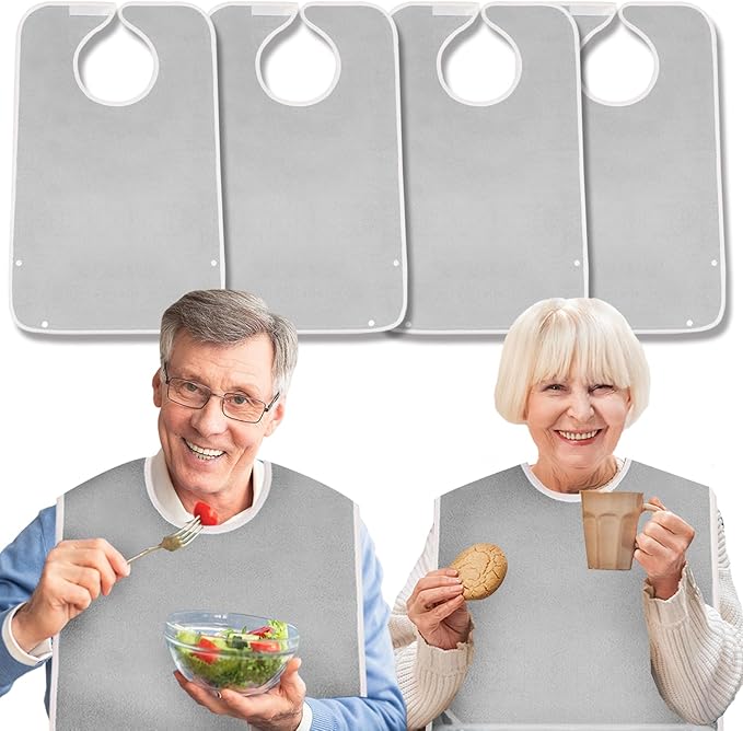 4 Pack Terry Cloth Adult Bibs with Crumb Catcher, Washable Adjustable Adult Bibs for Unisex Men Women Elderly Seniors