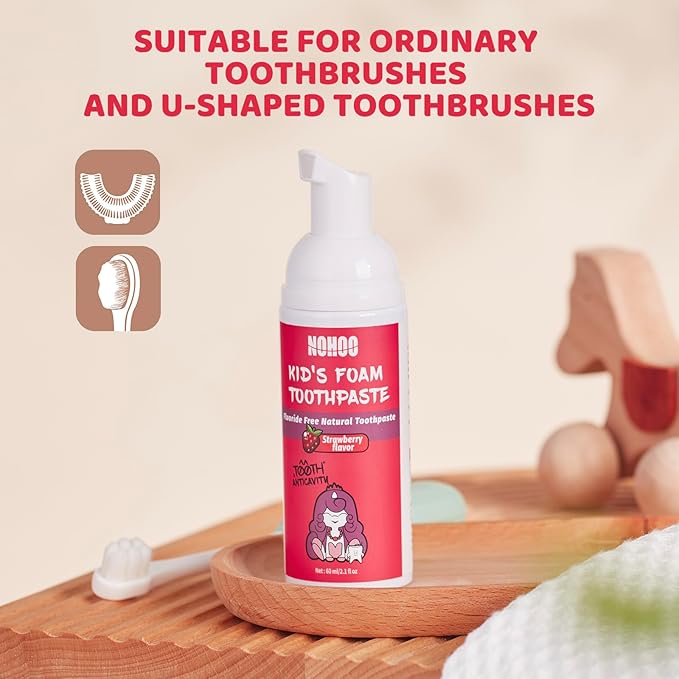NOHOO Fluoride Free Foam Toothpaste Kids Fruit Flavour,Natural Training Toothpaste for Baby Toddler Children Oral Cleaning and Cavity Protection Strawberry Orange Peach Watermelon