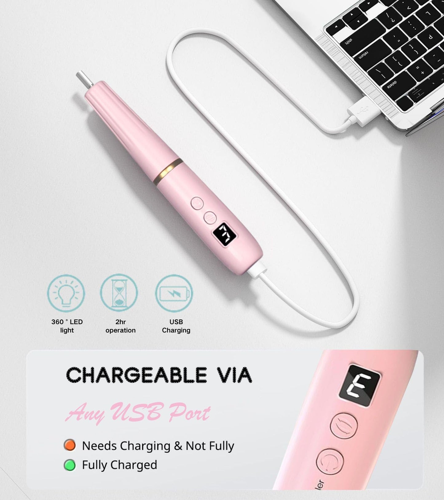 HengYuaoler Electric Nail Drill Machine File Efile Set for Acrylic Gel Nails Portable Nail Drill Machine Kit Rechargeable Pedicure Tools for Hand Feet Manicure Pedicure Tools Polishing Set (Pink)