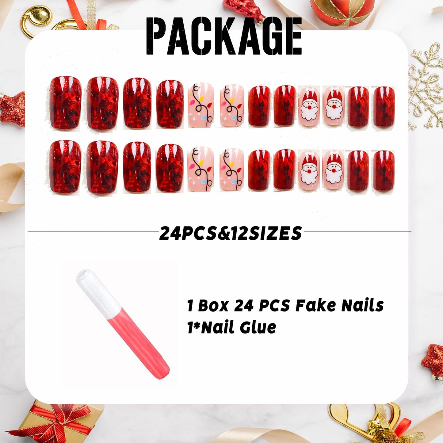 IMSOHOT Press on Nails Short Square Fake Nails Red Shiny False Nails with Santa Pattern Designs Cute Glossy Full Cover Glue on Nails for Women Girls 24Pcs
