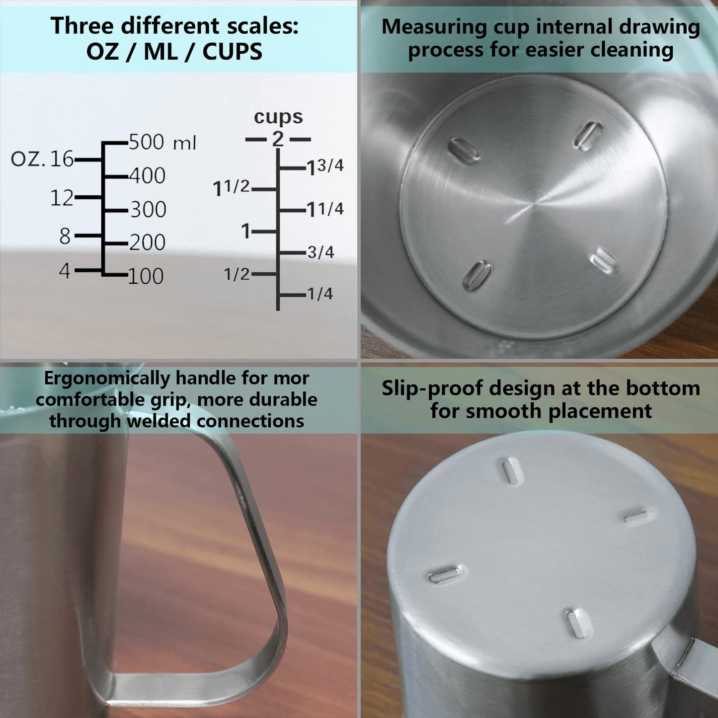 Newness Stainless Steel Measuring Cup, Metal Measuring Cup with Handle (Upgraded, 3 Marking Including Cup/ML/Ounce Scale), 16 Ounces (0.5 Liter, 2 Cup)