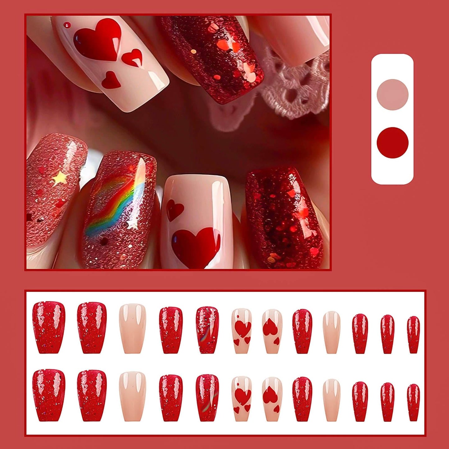 RUOKEXIN Medium Press on Nails Coffin Fake Nails Red Glitter False Nails with Heart Designs Rainbow Ombre Glue on Nails Sparkly Artificial Nails Cute Stick on Nails for Women 24Pcs