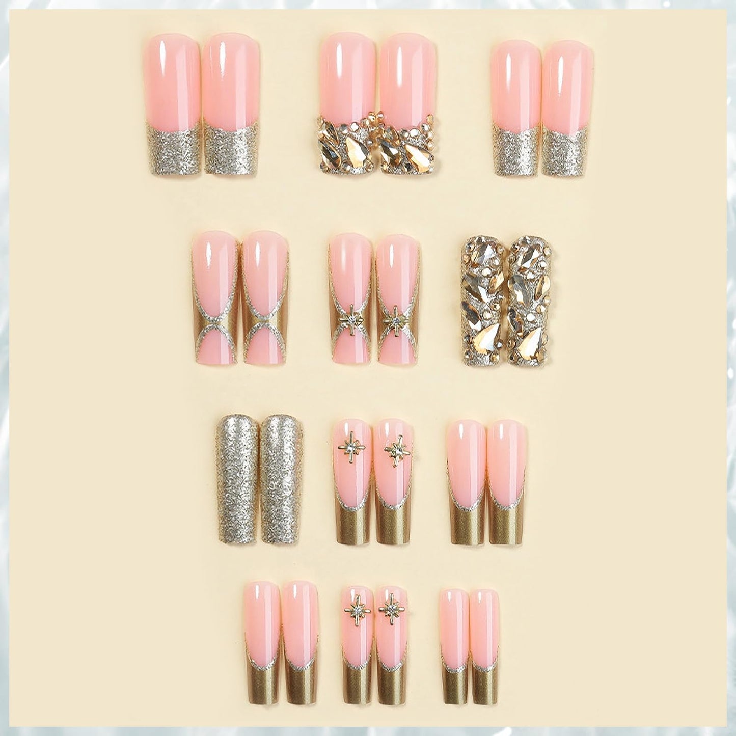 MISUD Press on Nails - Long Square Fake Nails with Gold Chrome, Acrylic Bling Glitter Rhinestone Design 24 pcs