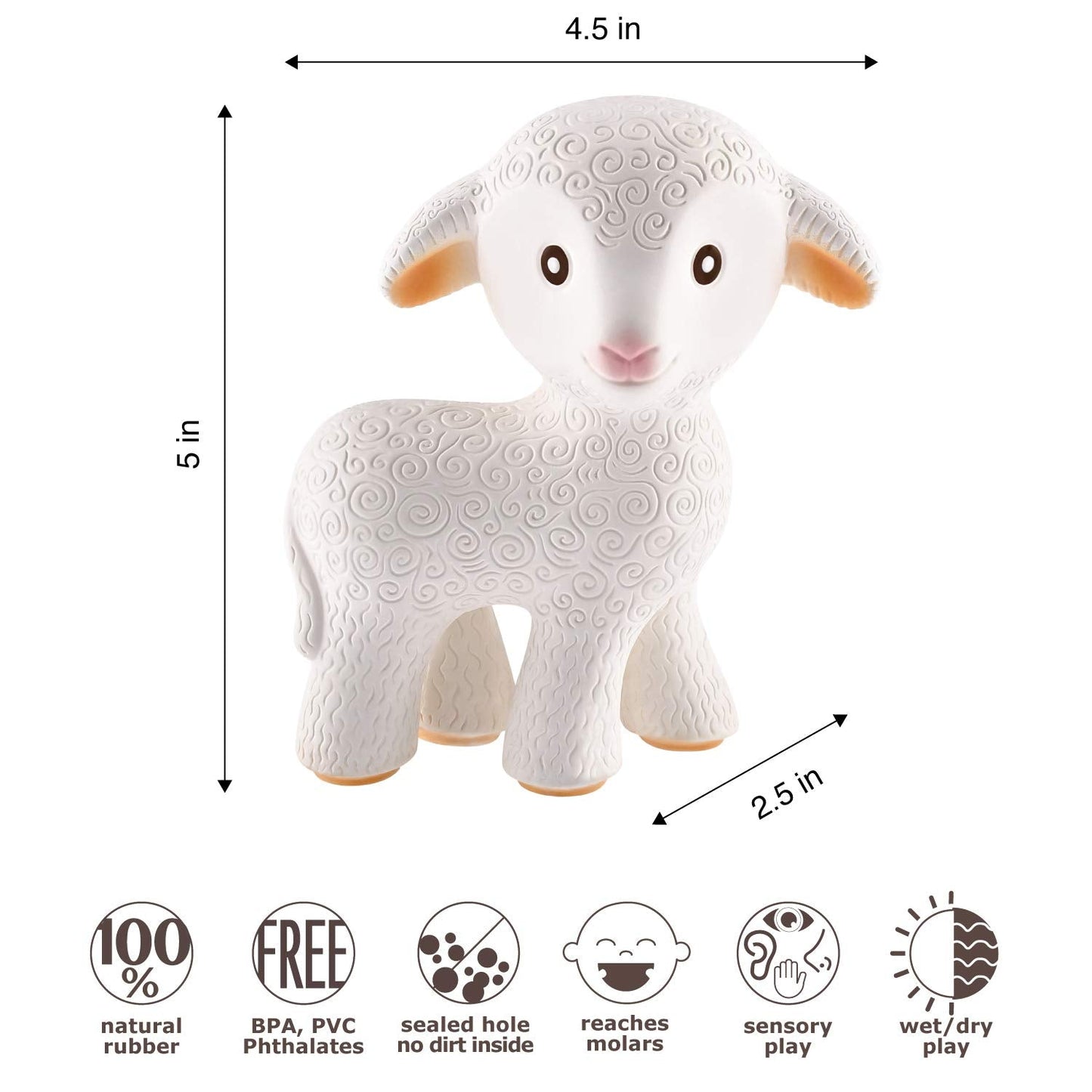 CaaOcho Pure Natural Rubber Teething Baby Toy - Mia the Lamb Teether for Babies, BPA Free Baby Toy, All Natural Teething Toys for Babies 0-6, Safe and Fun Molar Teether Toy
