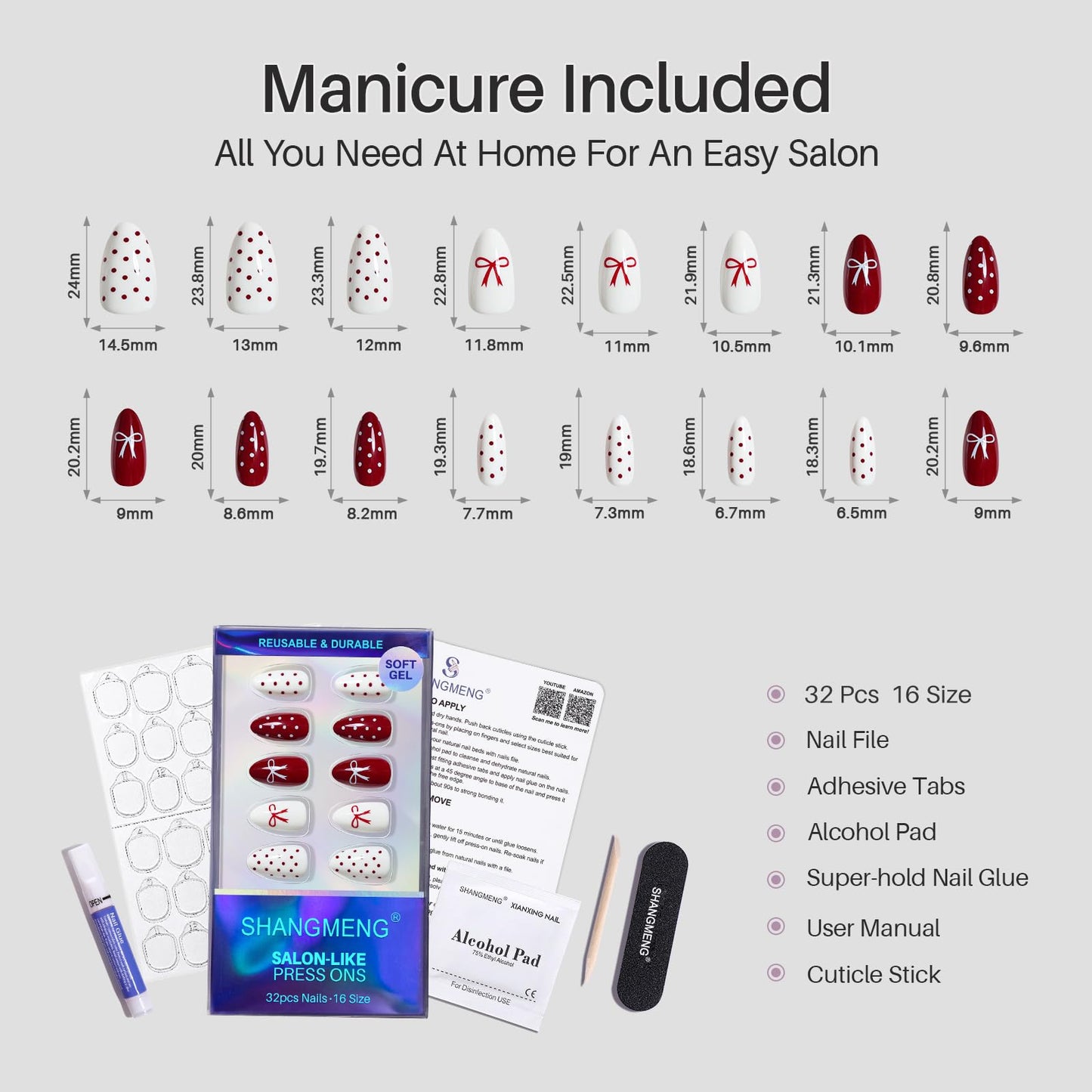 Red and White Medium Press on Nails - Polka Dot and Bow Design, SHANGMENG Soft Gel Almond Nails for Women, Glue on Nails in 16 Sizes - 32 Reusable Fake Nails Kit with Glue, Red & White Variation
