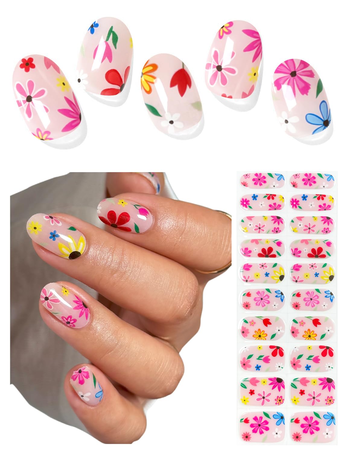 AutyaMee Semi Cured Gel Nail Strips (Cute Flower), 20 Pcs Summer Pink Gel Nail Wraps, Stickers, UV Light Required, Salon Quality, Long Lasting