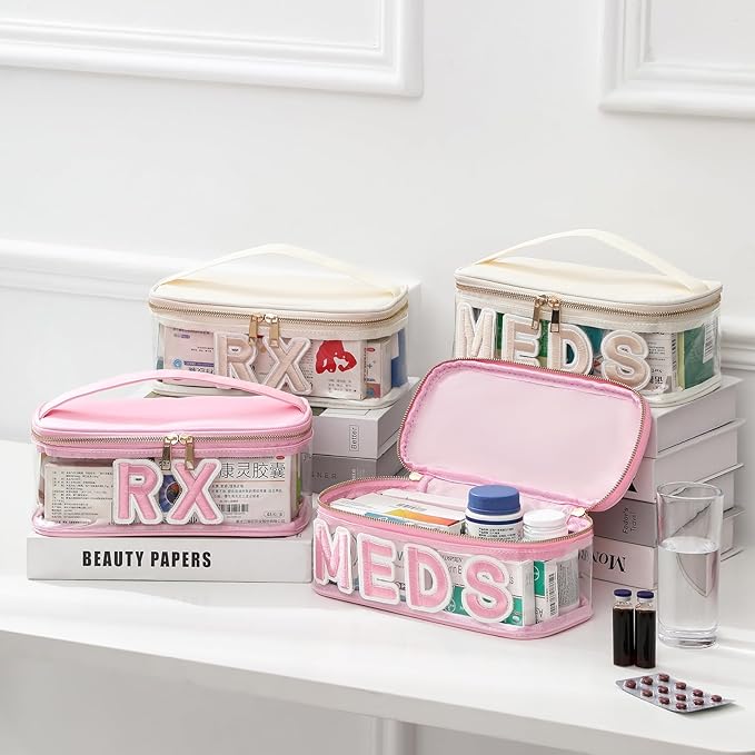 Clear PVC Letter Patch MEDS RX Makeup Bag with Metal Zipper,Large Capacity Nylon Transparent Medicine Bag with Top Handle,First Aid Travel Organizer Cosmetic Bag(04 Pink RX)