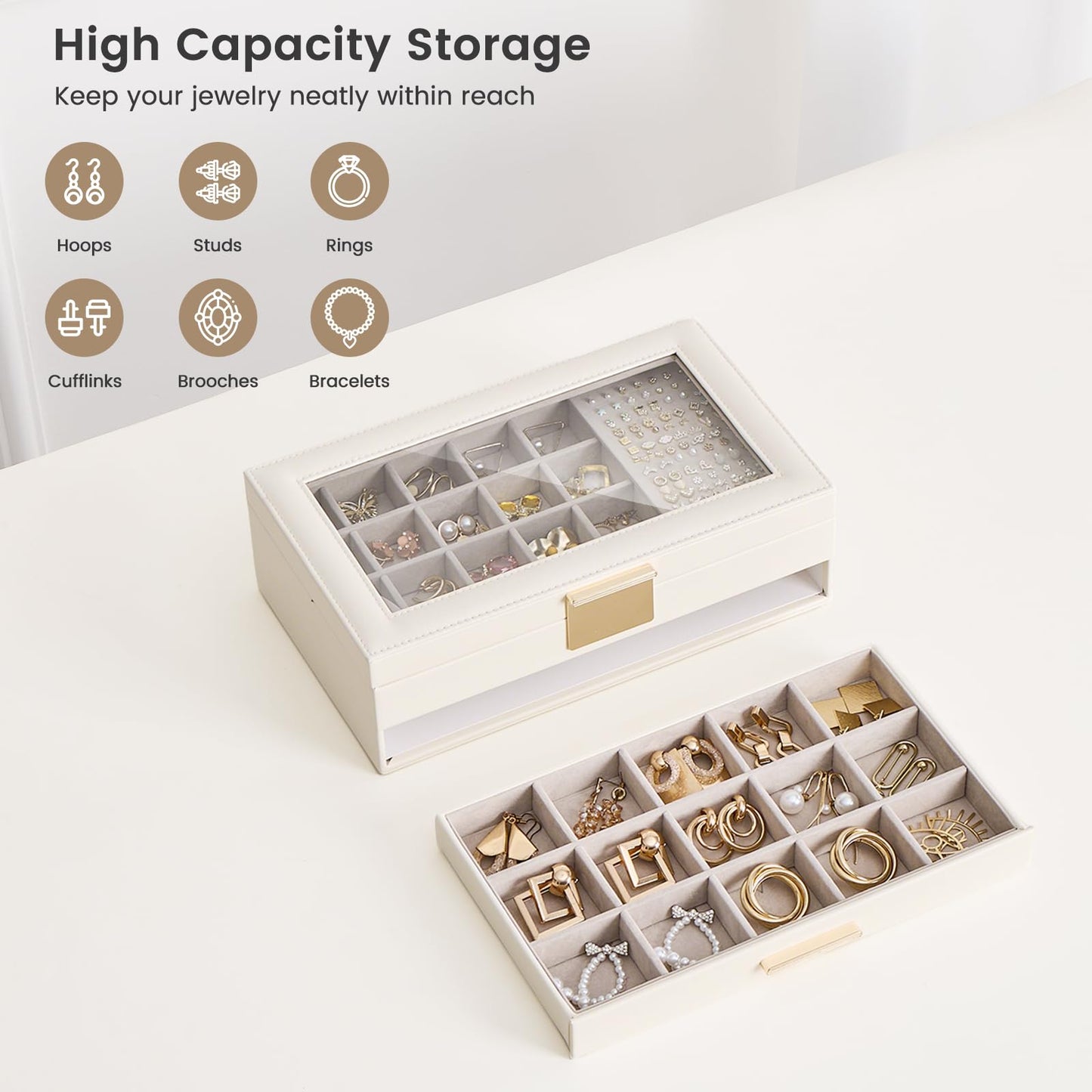 Lolalet Earring Storage Box Case with Glass Top, Large Earring Jewelry Holder Organizer Display with Drawer and Grid, Mothers Day Gifts -2 Tiers, Cloud White