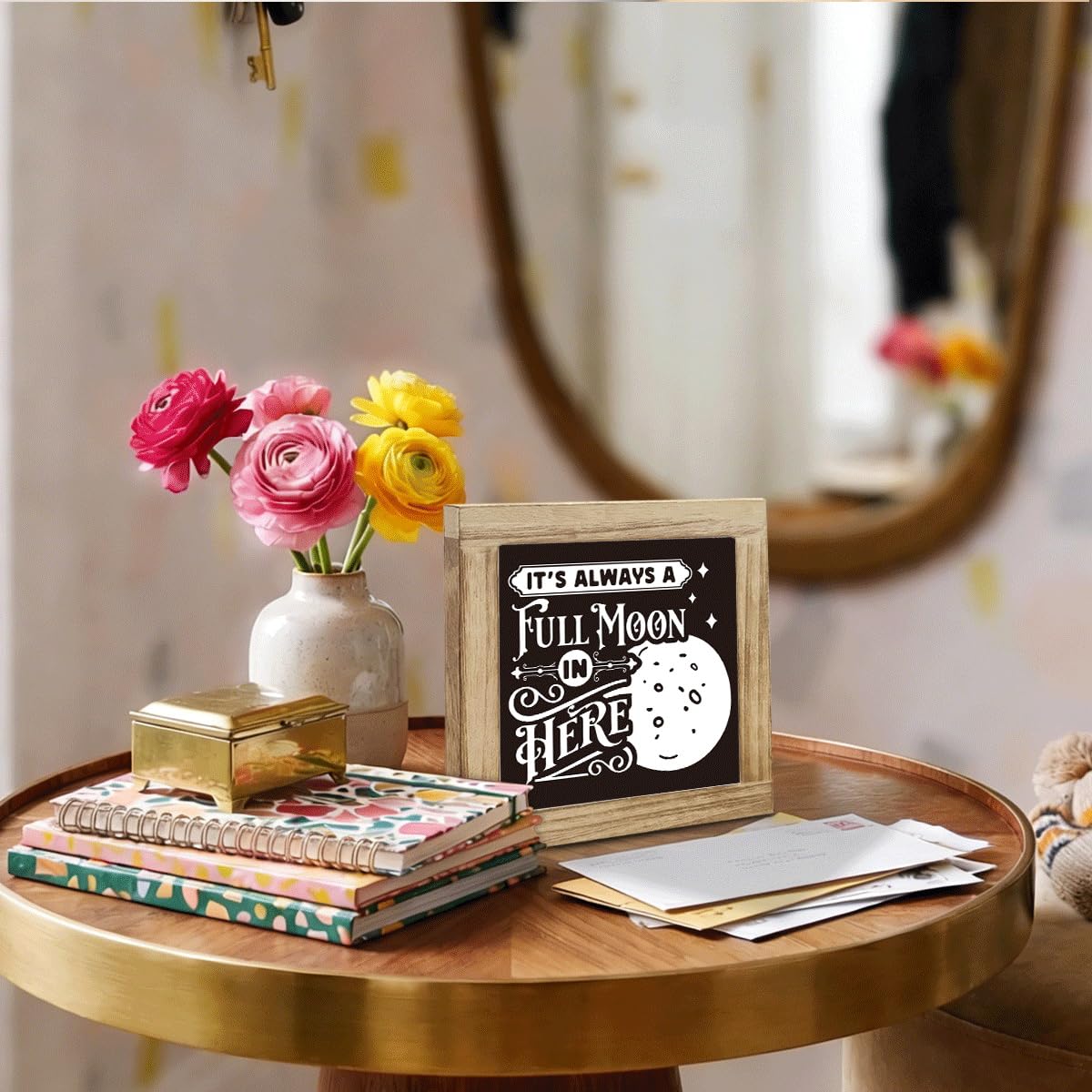 Funny Bathroom Decor Sign It's Always a Full Moon in Here, Desk Decor Rustic Wood Block Plaque Box Sign, Rustic Wood Plaque Signs, Decorative Table Signs 5.9X5.9X0.7 inches