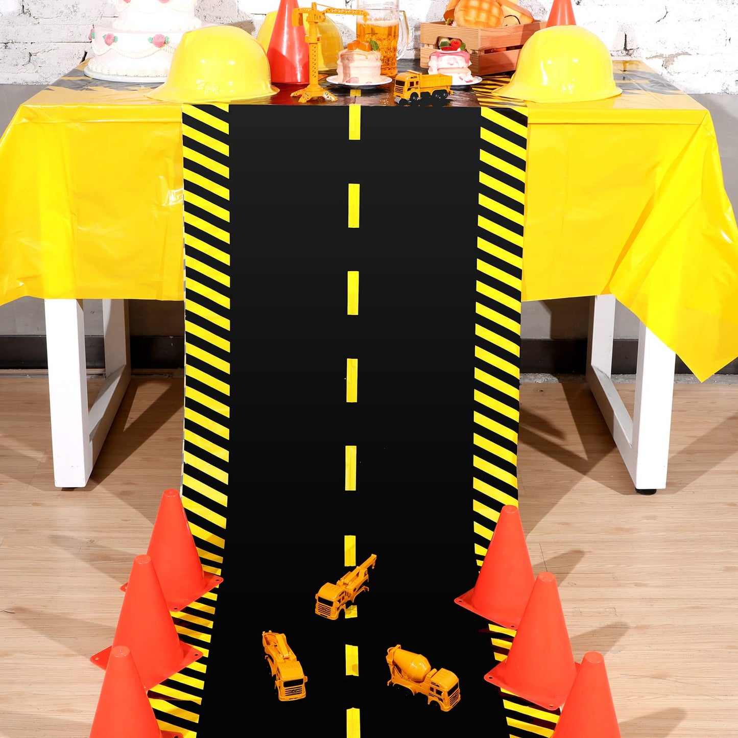 Remagr Construction Party Road Floor Runner, 32 ft x 2 ft Plastic Long Road Table Runner, Black with Yellow Warning Stripes for Construction Birthday Party Photo Backdrop Decor
