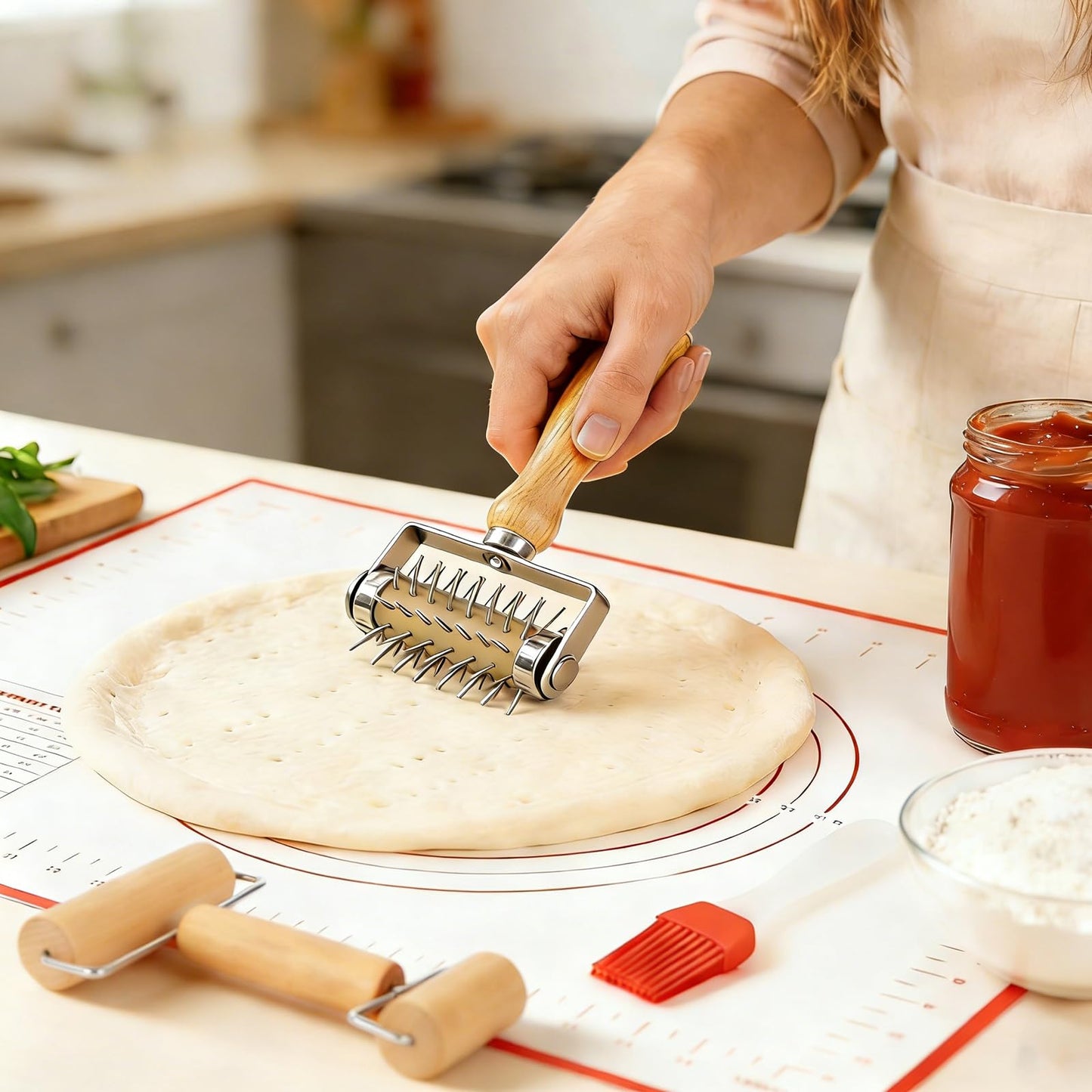 4Pcs Pizza Baking Tool Kit with Dough Docker, Non-Slip Silicone Baking Mat & Wooden Rolling Pin – Essential Tools for Pizza, Pie, Pastry, Bread and Cookies