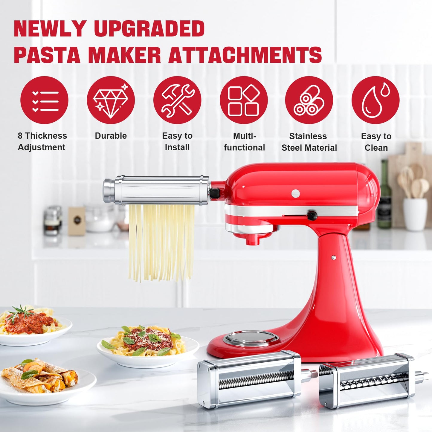 Pasta Maker Attachments Set for all KitchenAid Stand Mixer, including Pasta Sheet Roller, Spaghetti Cutter, Fettuccine Cutter, KSMPRA 3-Piece Pasta Roller & Cutter Set