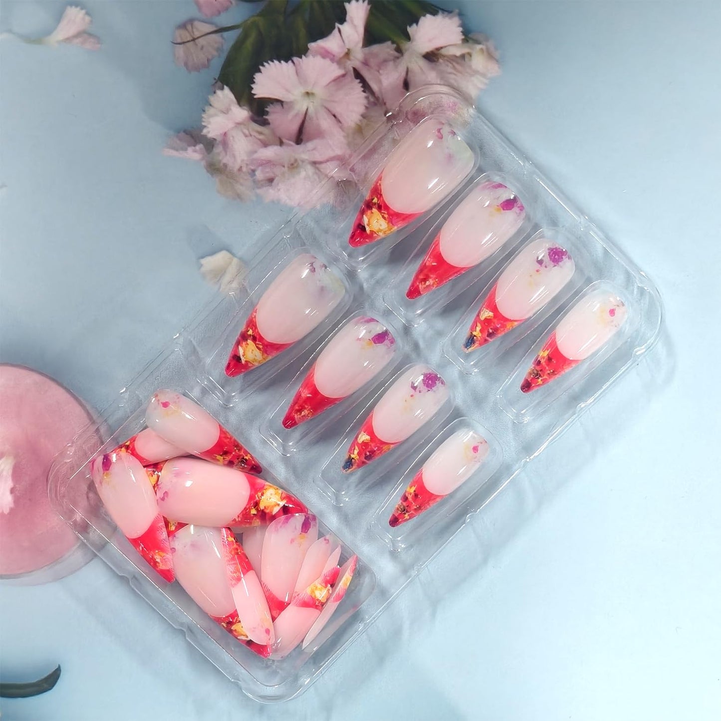 24Pcs Press on Nails Almond Shaped Artificial Acrylic French Orange Tips Rhombic False Nails with Design Medium Stick on Nail Full Cover Glossy Press Ons Artificial Fingernails for Women Manicure