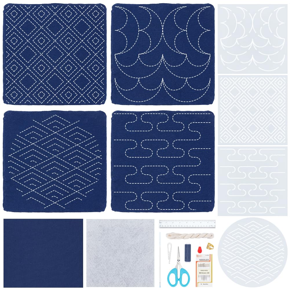 WEBEEDY 4 Sets Sashiko Starter Coaster Kit for Beginners, Japanese DIY Tea Mat Sewing Kit with Sashiko PET Templates, Needles, Thread for Table Cup Mat Embroidery Christmas Craft Decor Gift