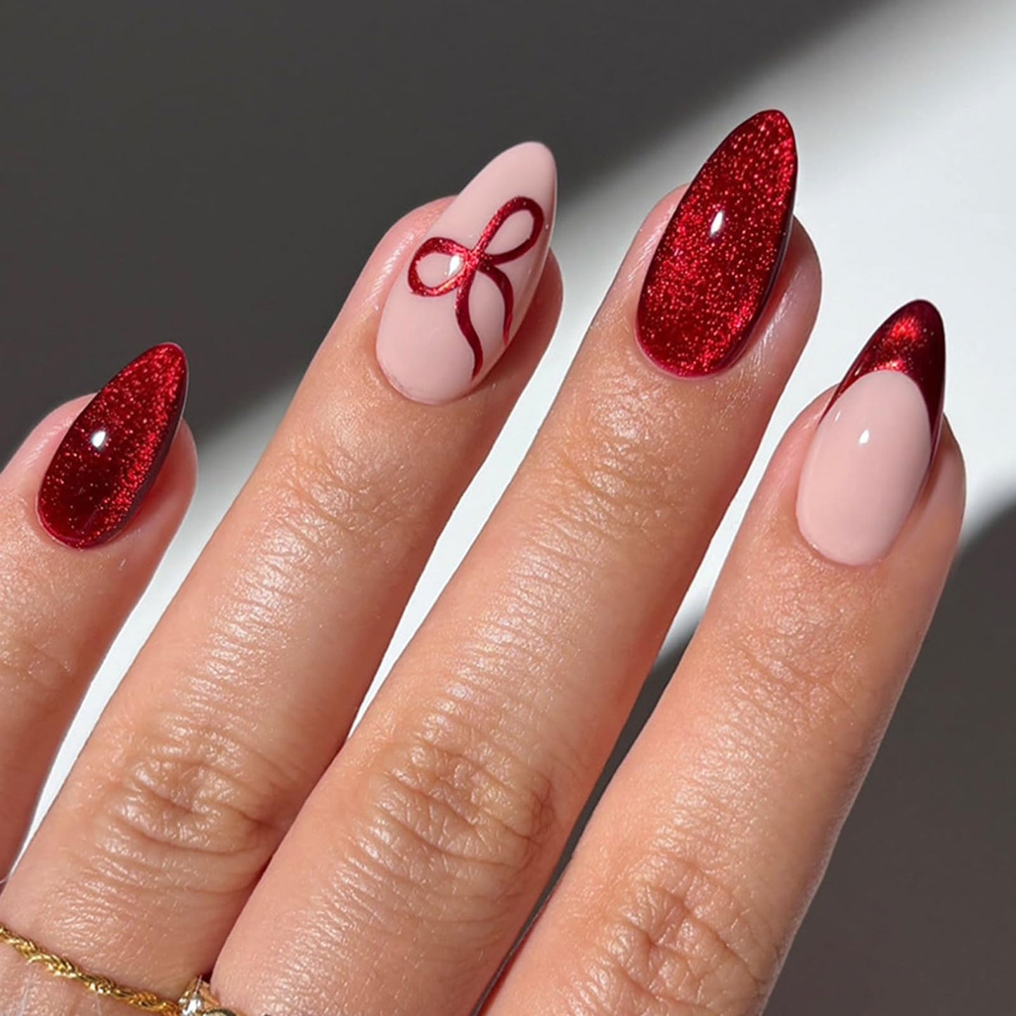 IMRAIN Press on Nails Red French Tip Fake Nails Medium Almond False Nails - Cat's Eye, Bow Designs Reusable Acrylic Artificial Glue on Nails 24Pcs DIY Manicure Decor