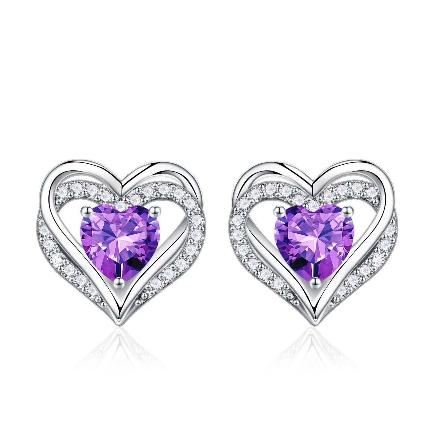 Iefil Birthstone Earrings for Women - 925 Sterling Silver February Birthstone Purple Amethyst Heart Stud Earring for Women
