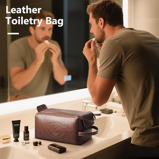 Personalized Toiletry Bag for Men,Initial Mens Toiletry Bags for Traveling,Men Travel Toiletries Bag,PU Leather Shaving Bag for Toiletries Accessories kit,Dark Brown Z