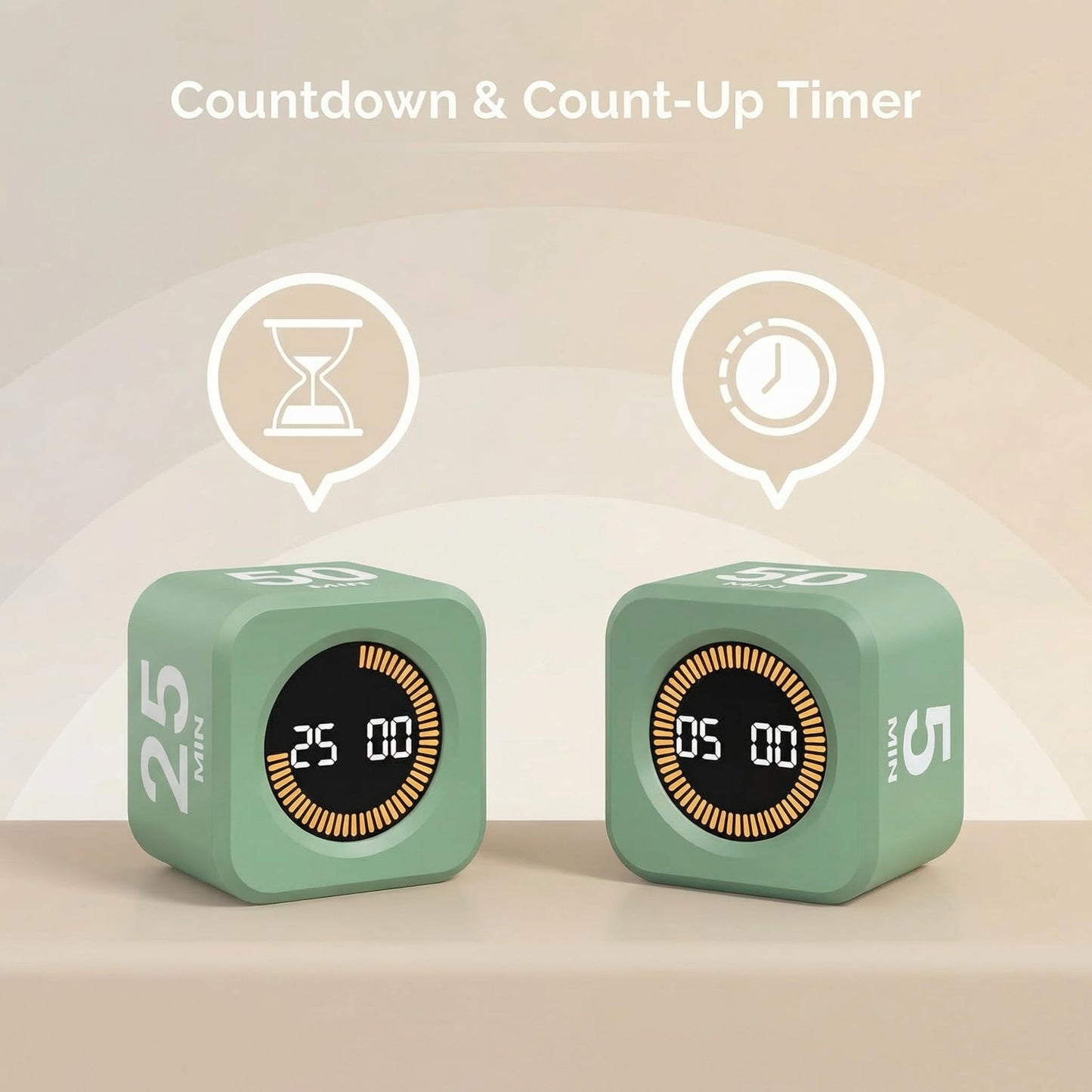 KADAMS Pomodoro Cube Timer Productivity Visual Timer - 5/10/25/50 Min Rotating Countdown (1, Green)