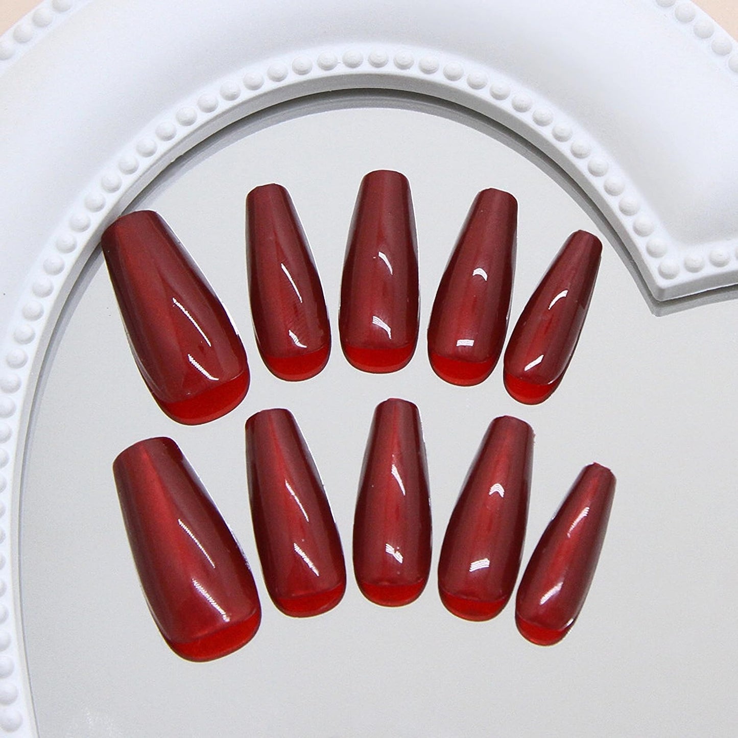 MISUD Press on Nails - Long Coffin Fake Nails with Red Cat Eye, Acrylic Bling Design 30 pcs