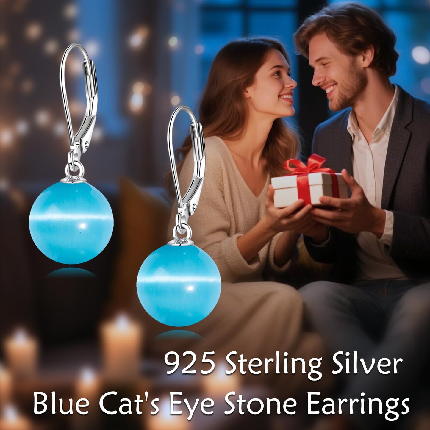 925 Sterling Silver Pearl Leverback Earrings Dangle Drop Jewelry Gifts for Women (Blue Cat's Eye)