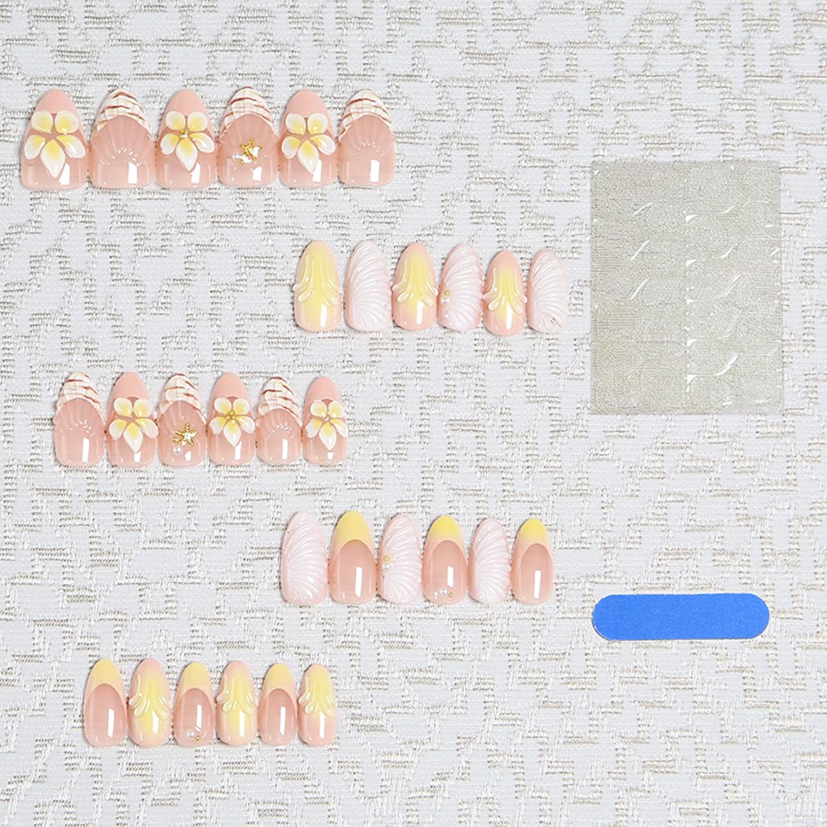 30Pcs Summer Yellow Press on Nails Medium Almond Nails Press on with 5D Flower, Pearl & Water Ripple Design French Tip Fake Nails Glossy Shell Glue on Nail Reusable Summer Nail for Women Manicure