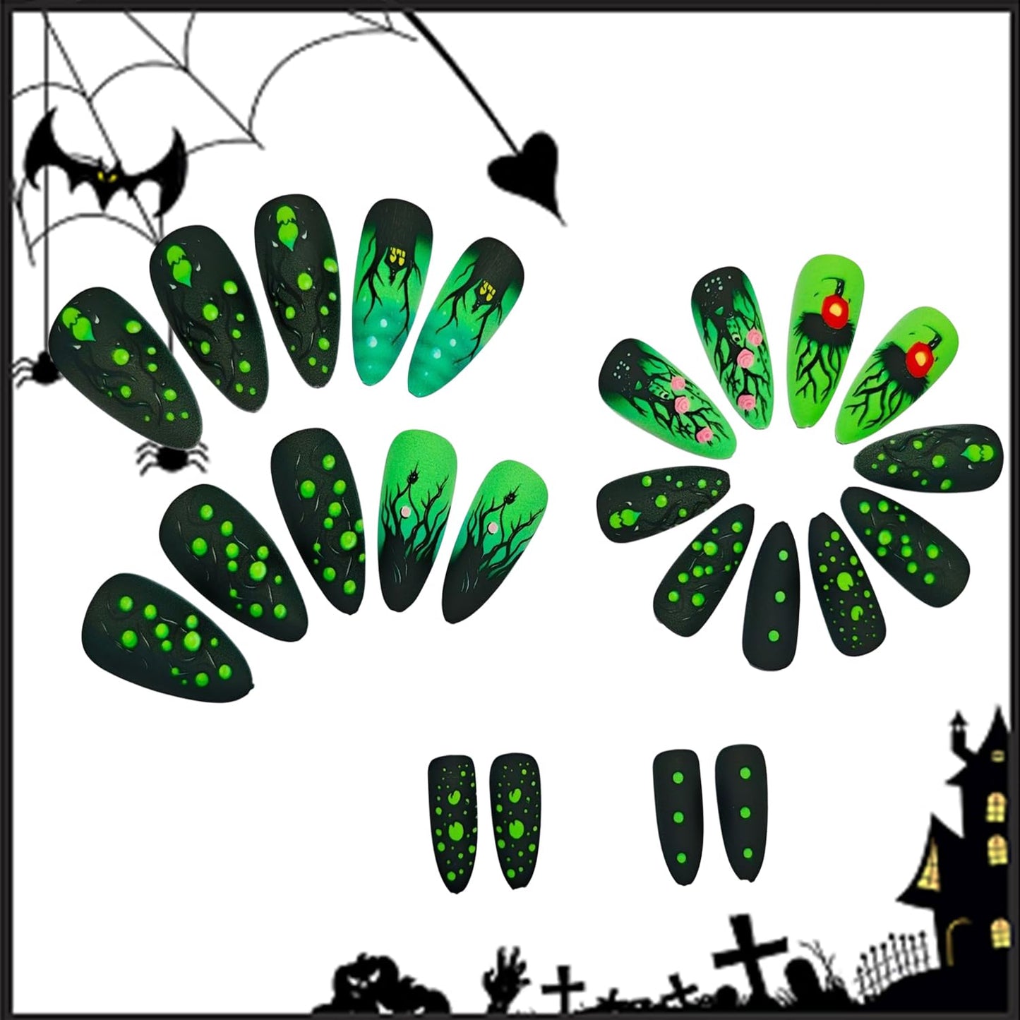 Green Fluorescence Halloween Press on Nails Long Black Forest Castle Rose Pattern Design Halloween Nail Full Cover Glossy Artificial Acrylic False Nail French Tip Almond Glue on Nails for Women 24Pcs