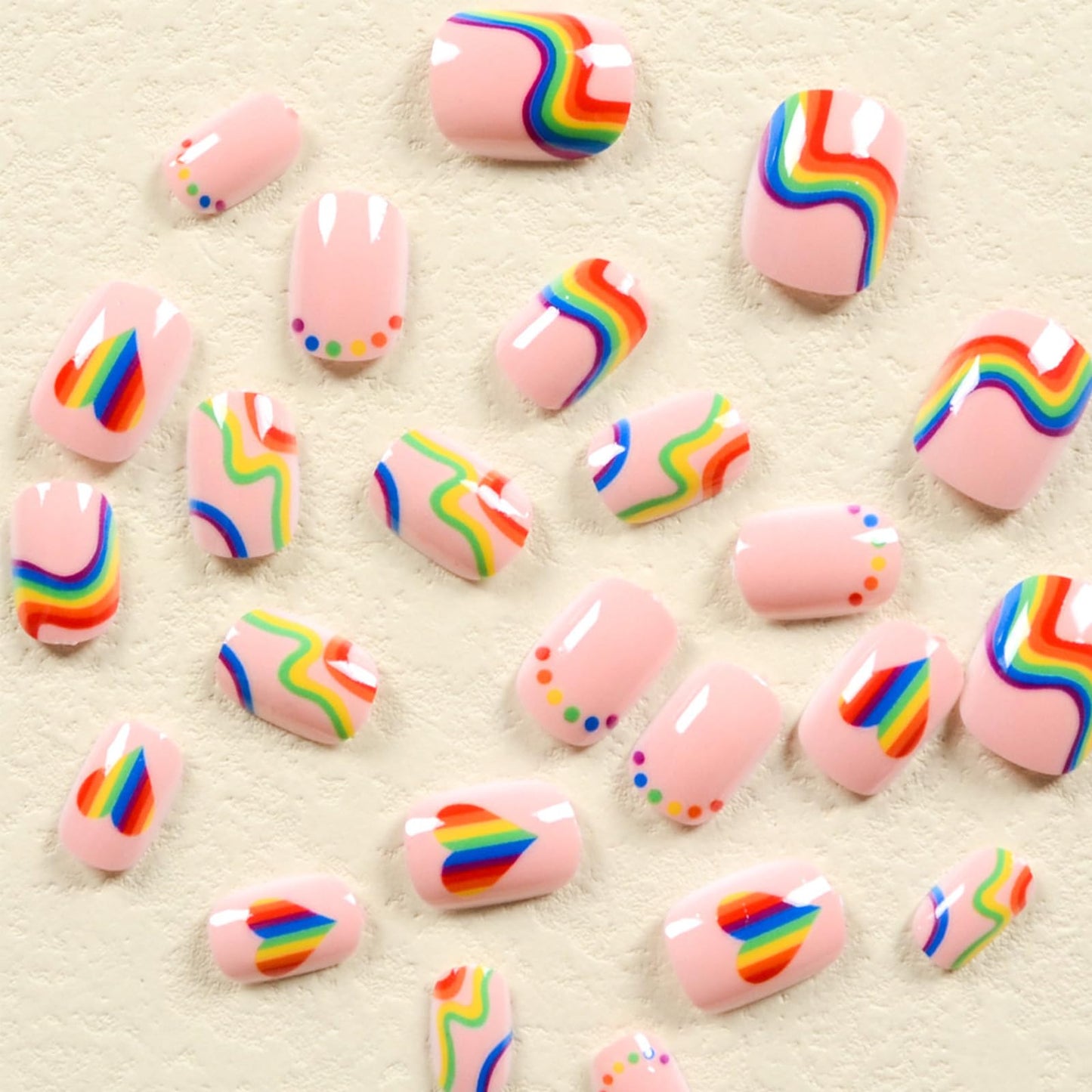 Rainbow Stripe Press on Nails Short Square Fake Nails with Colorful Heart Polka Dot Design Summer Press on False Nails Glossy Stick on Nail Reusable Artificial Glue on Nail for Women 24Pcs